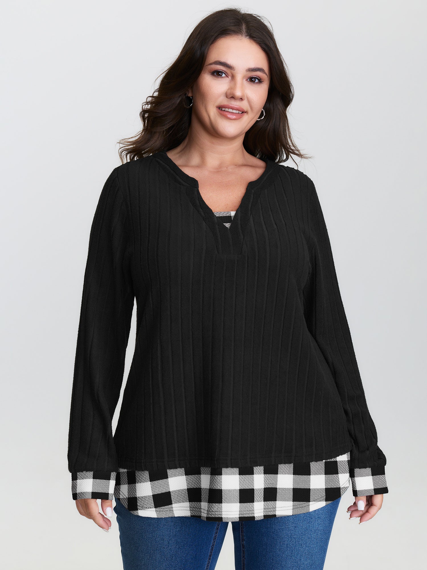 Checkered Notched Collar Contrast Knit Top