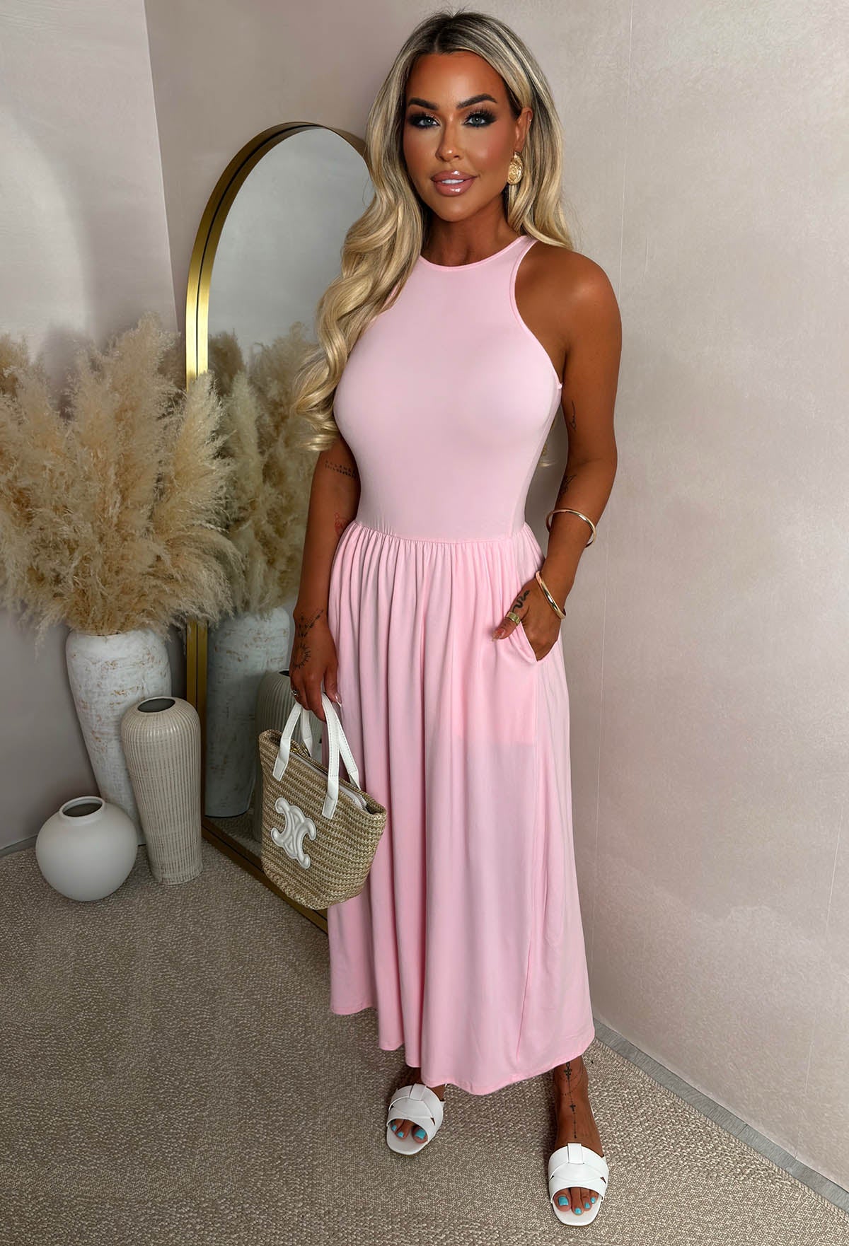 She's The Coolest Pink Gathered Skirt Midaxi Dress