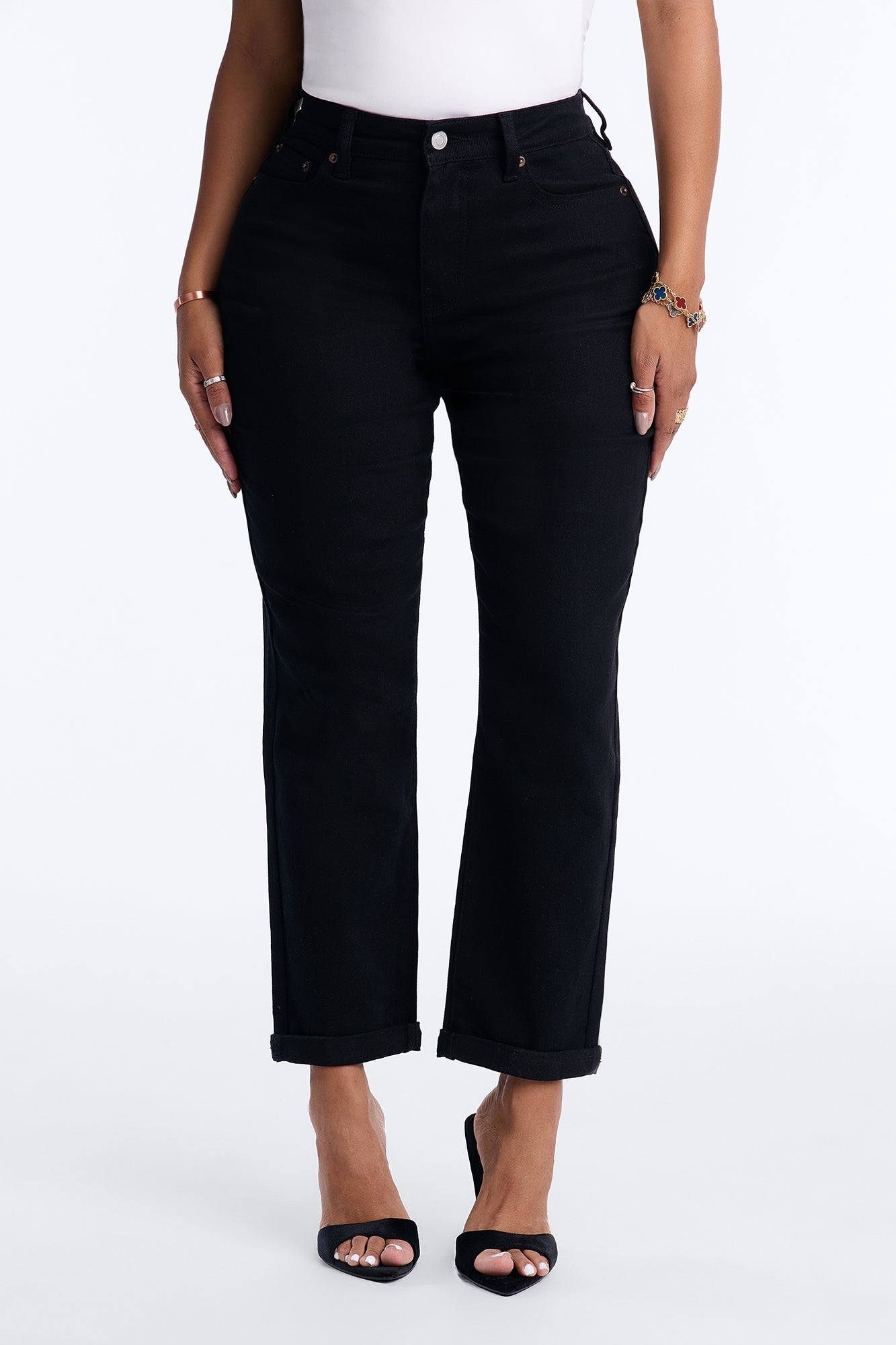 The Number One Stretch Roll Cuff Mom Jeans - Black