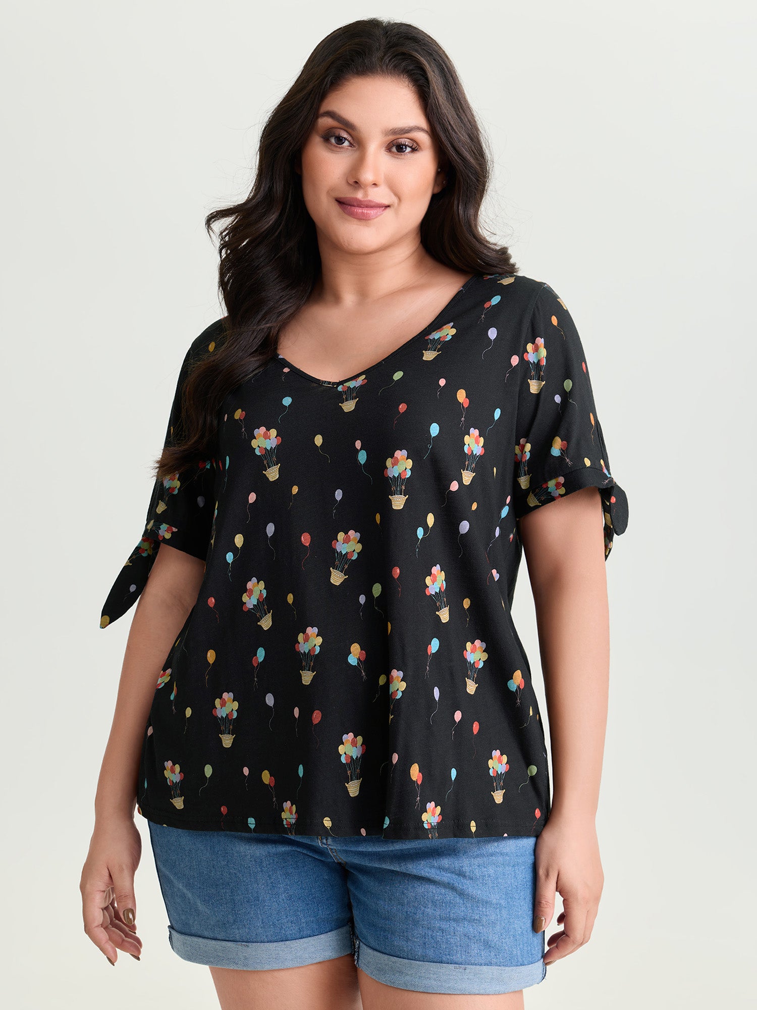 Cotton Multi-Color Balloons Print Sleeve-Tie T-Shirt