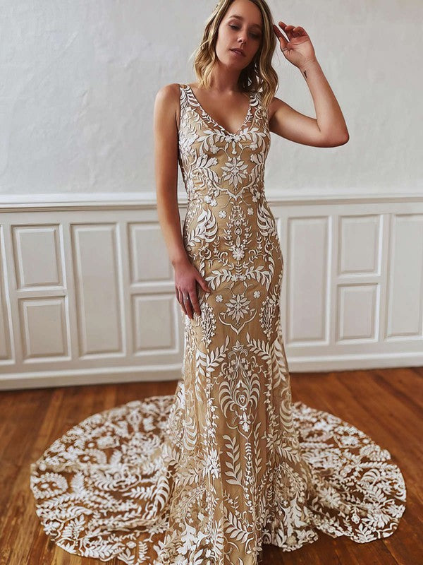 Stylish V-Neck Lace Sheath Sleeveless Court Train Wedding Dresses