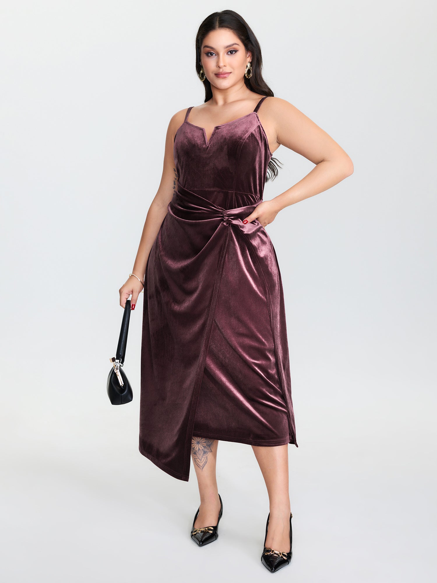 Velvet Gathered Waist Stretchy Midi Dress