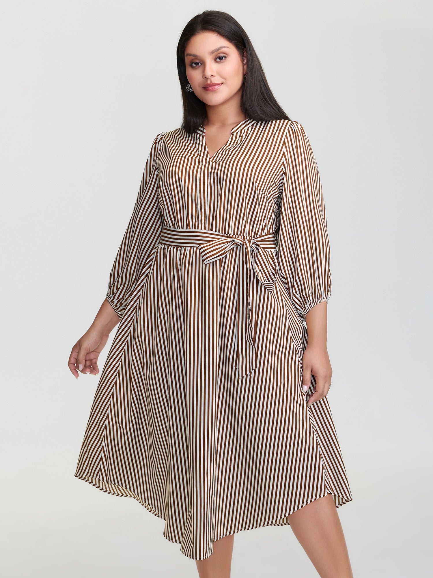 Stripe Print Pockets Belted Midi Dress
