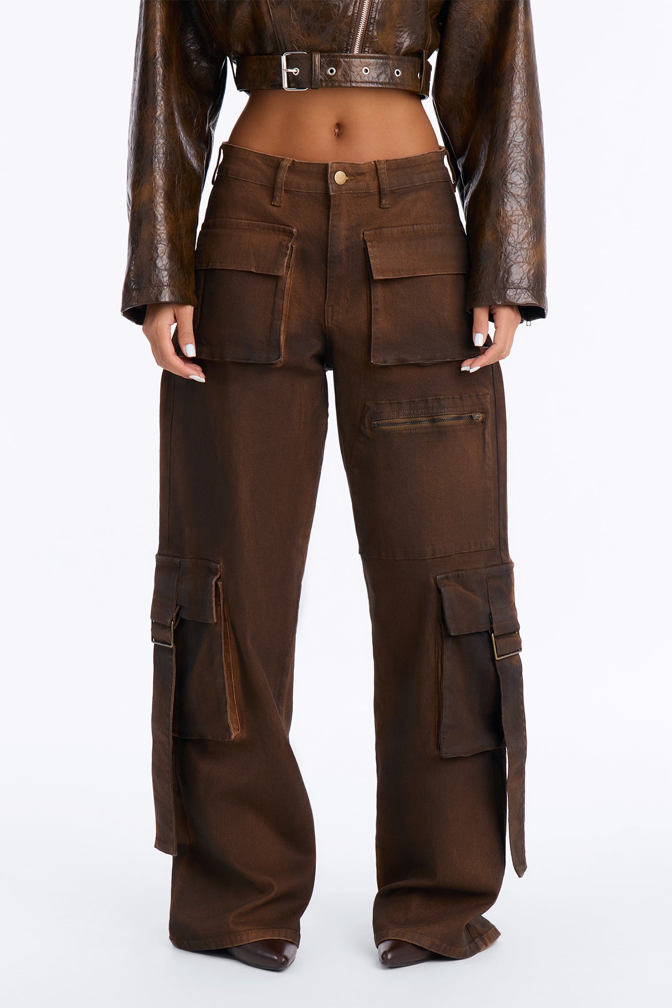 Gear Up Coated High Waisted Wide Leg Cargo Pant - Brown