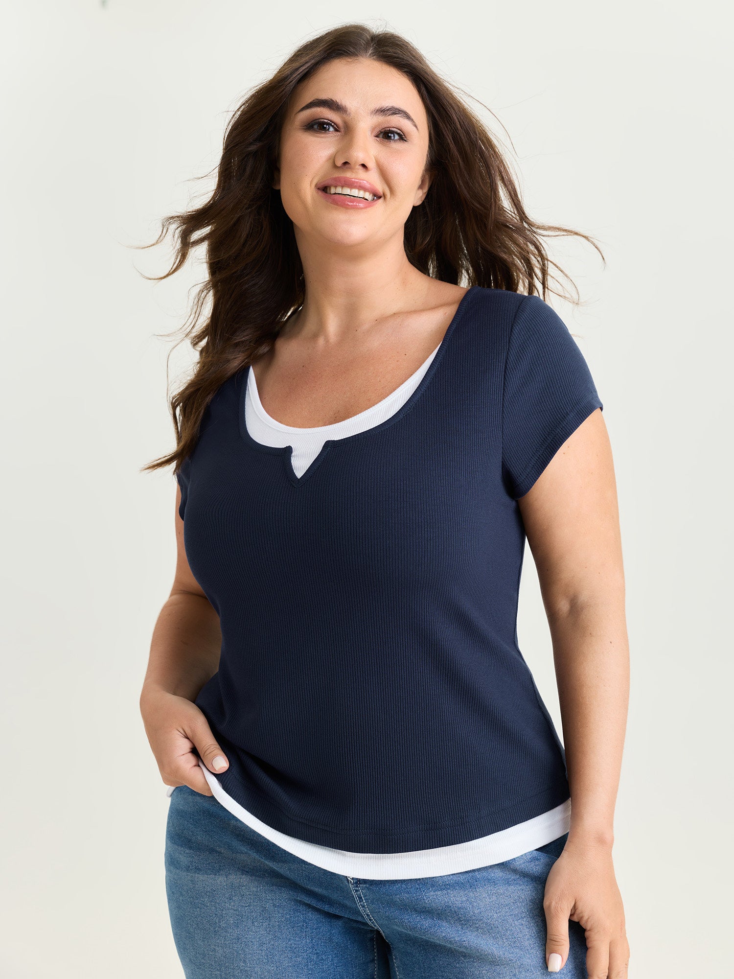 Color Contrast Layered Split Neck T-Shirt