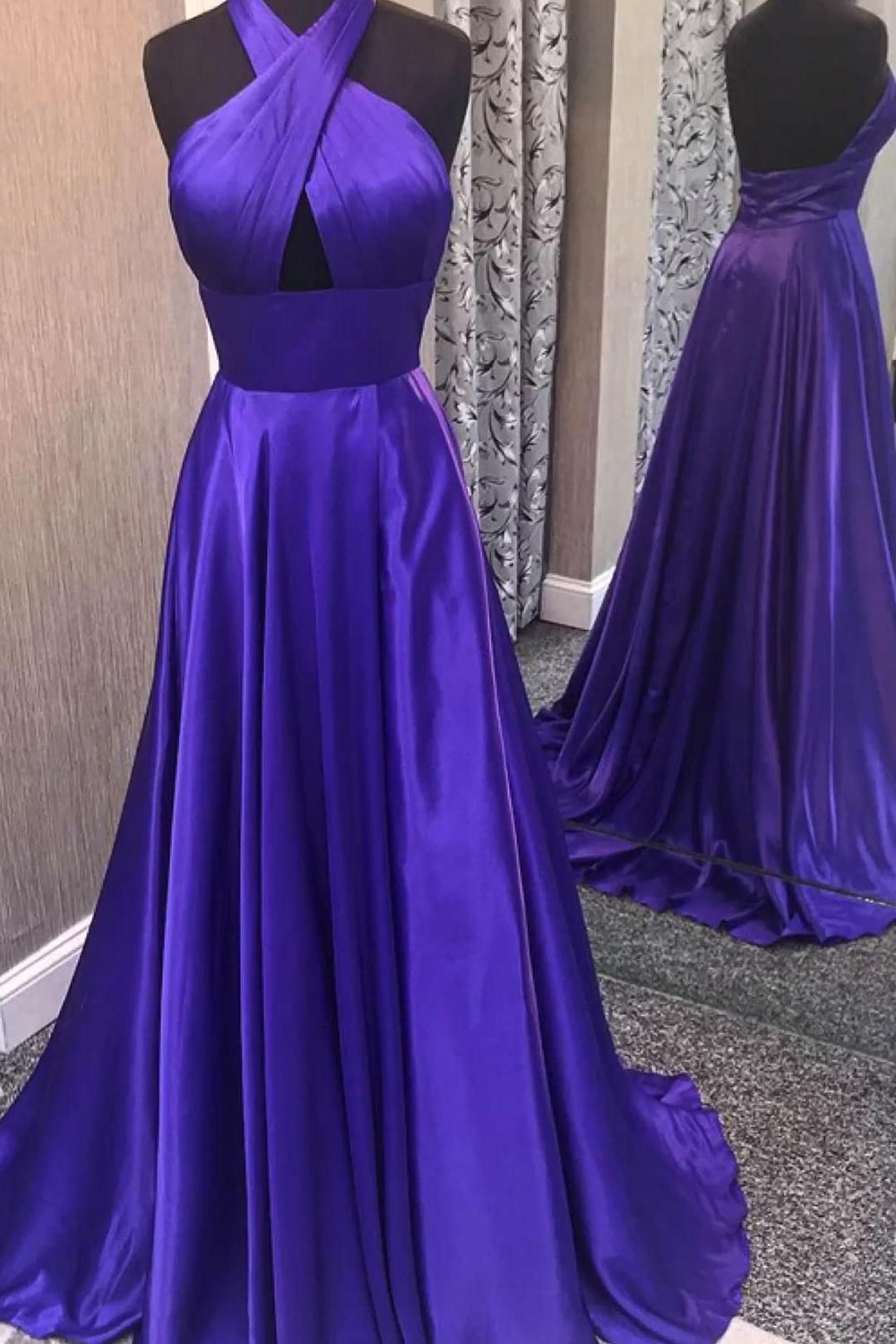 Long Backless Purple Prom Dress in A-Line Halter Style