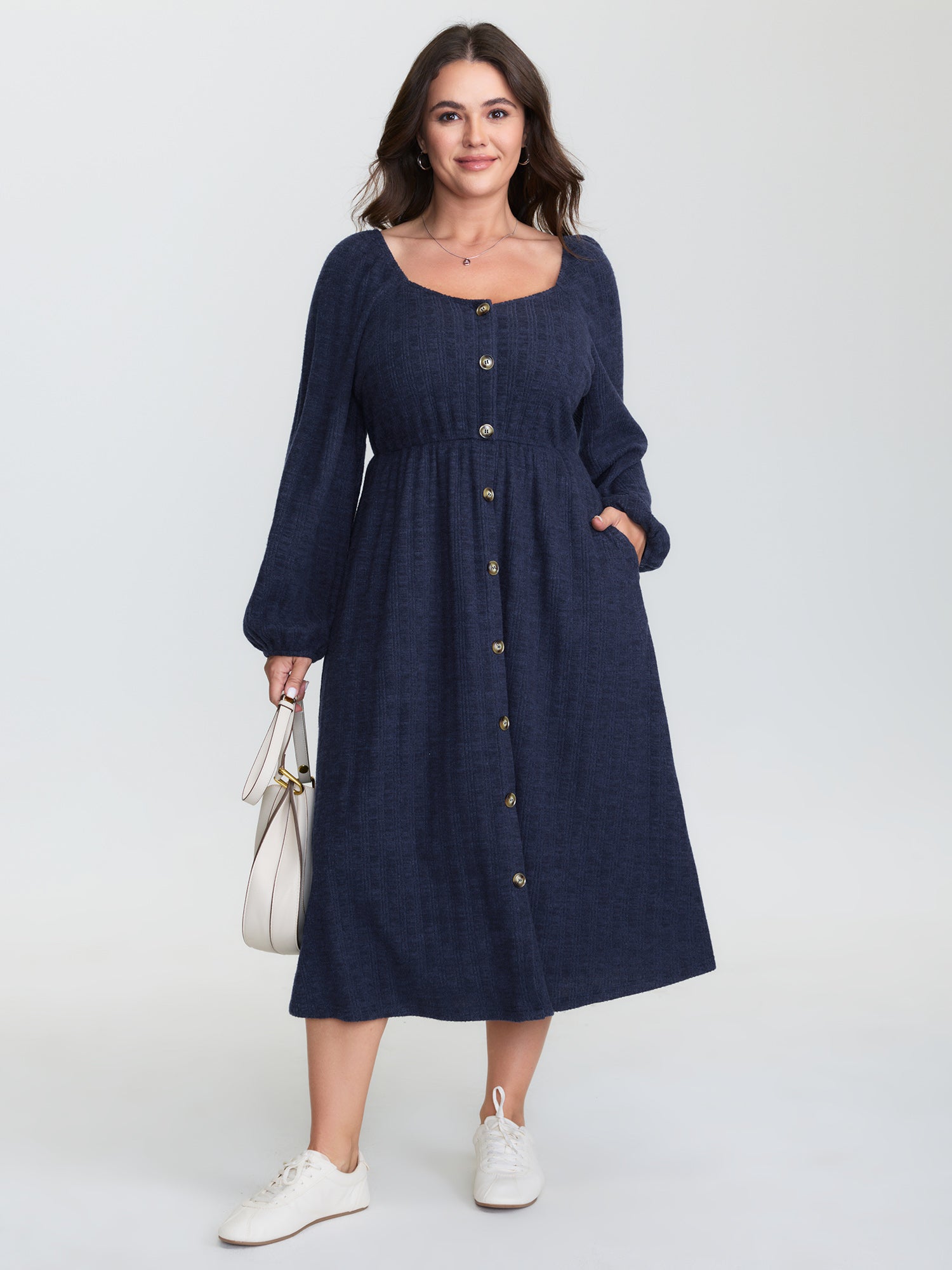 Textured Stretchy Waist Button Detail Midi Dress