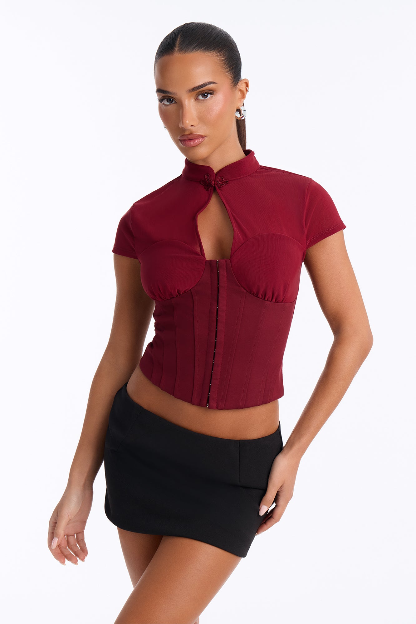 Kitana Mesh Mock Neck Cap Sleeve Top - Wine