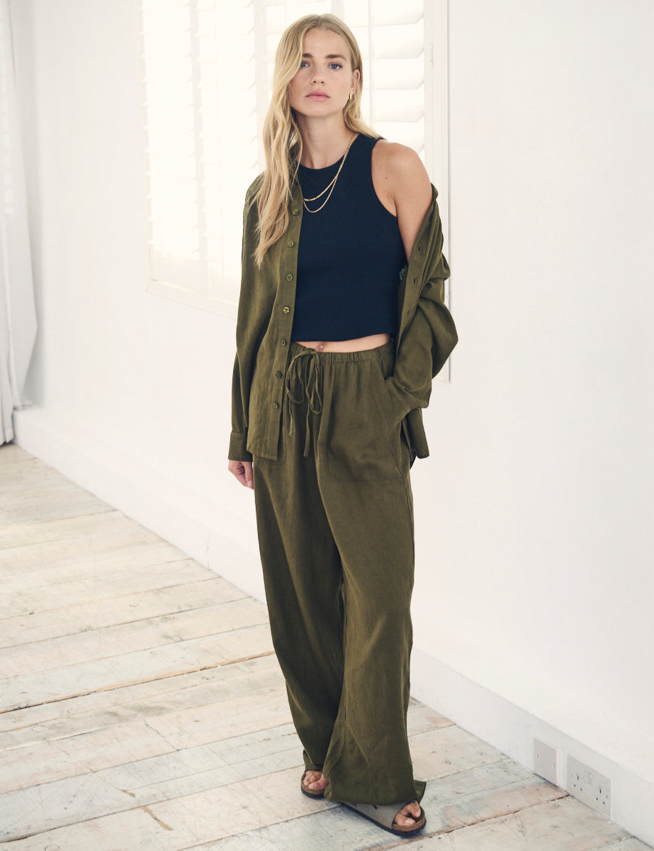Green Linen-Rich Wide Leg Trousers