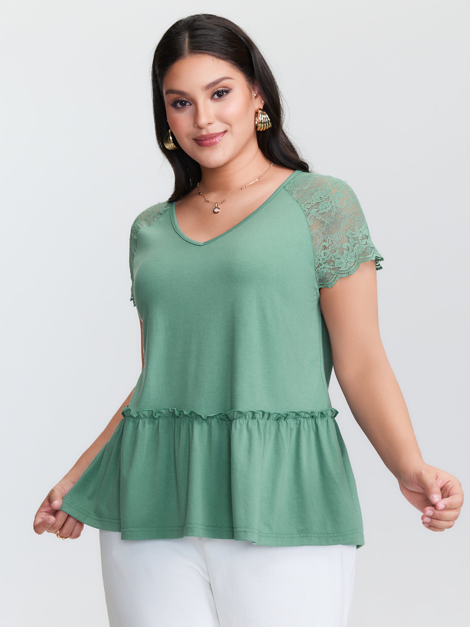 Sheer Lace Sleeve Ruffled Hem T-Shirt