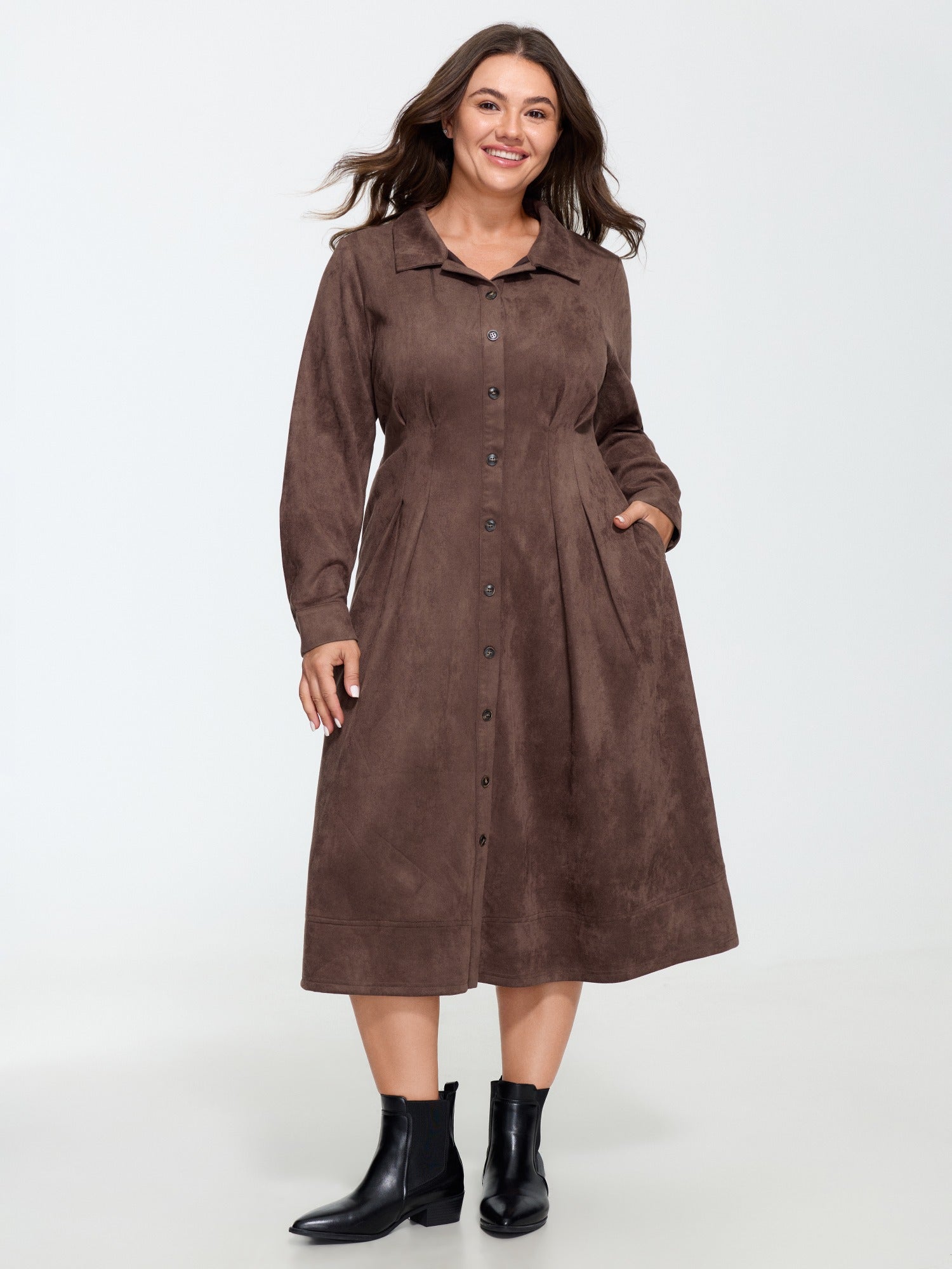 Velvety Texture Button Front Waist Pleated Midi Dress