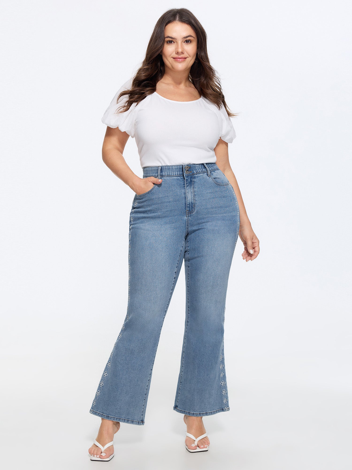 Stretchy Vintage Wash Floral Embroidery Bootcut Jeans