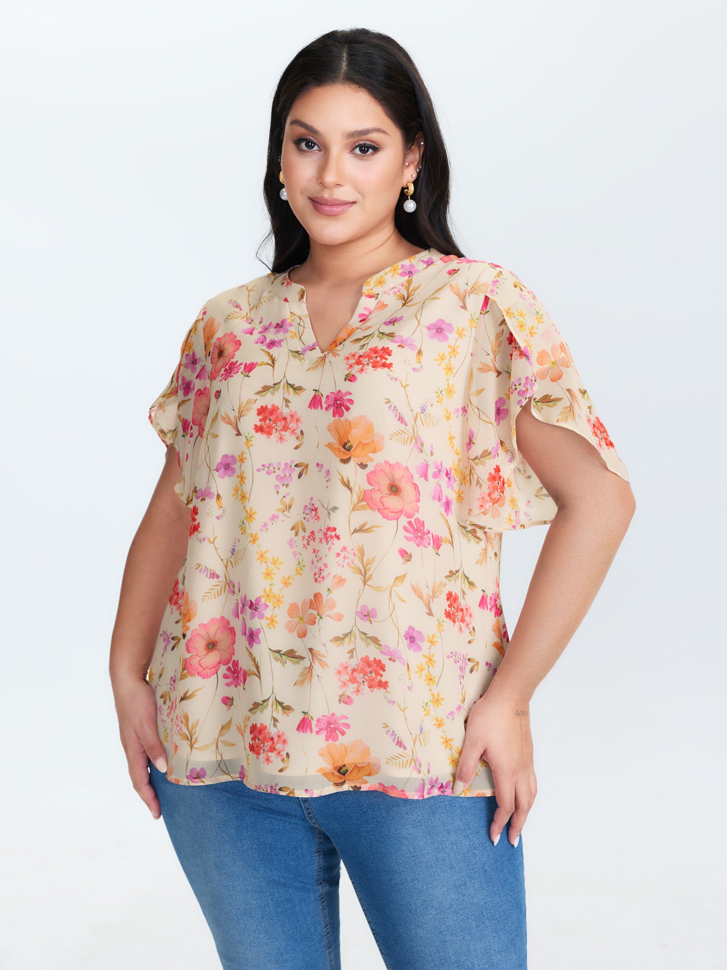 Sweet Floral Print Petal Sleeve Blouse
