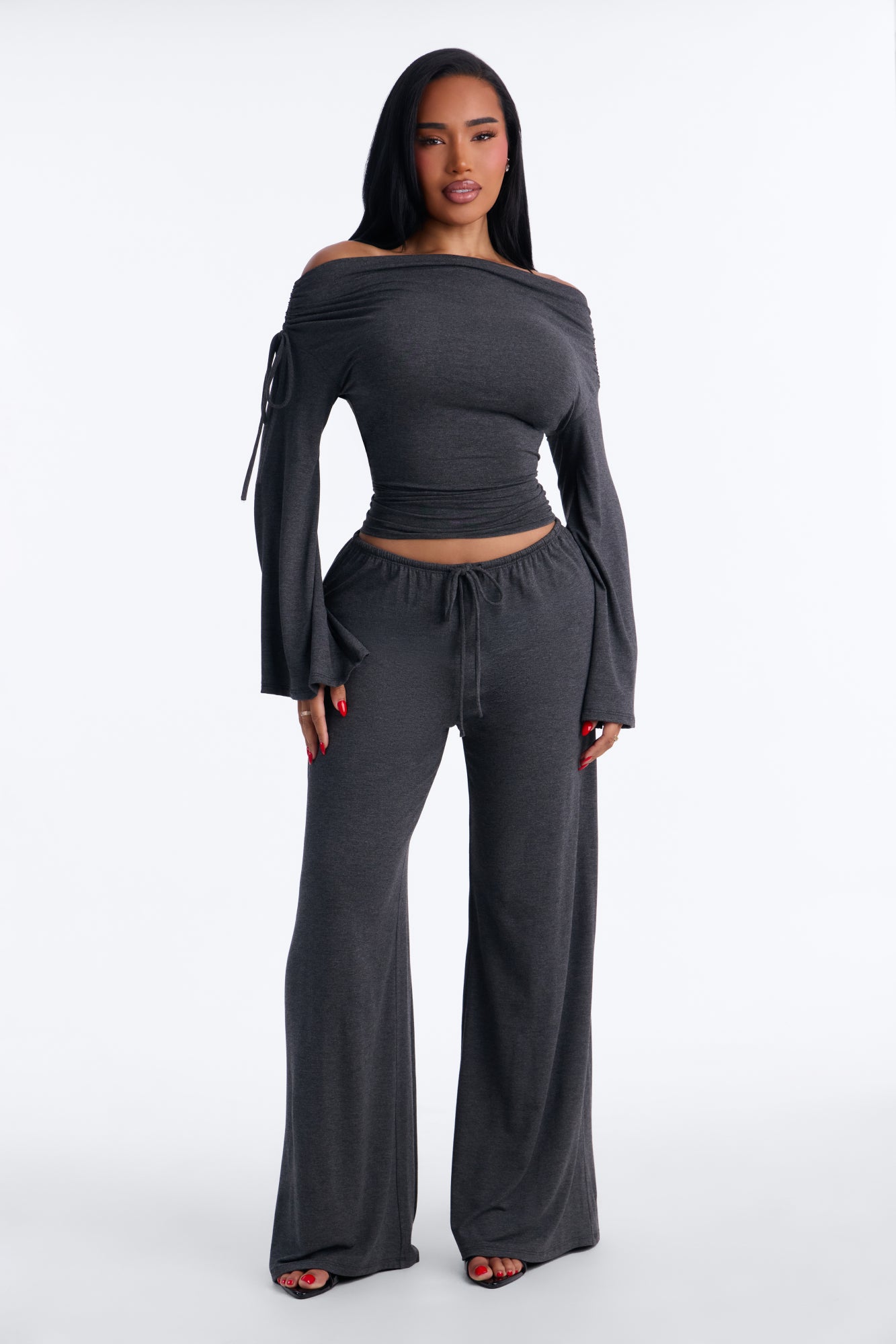 Tate Off Shoulder Pant Set - Charcoal
