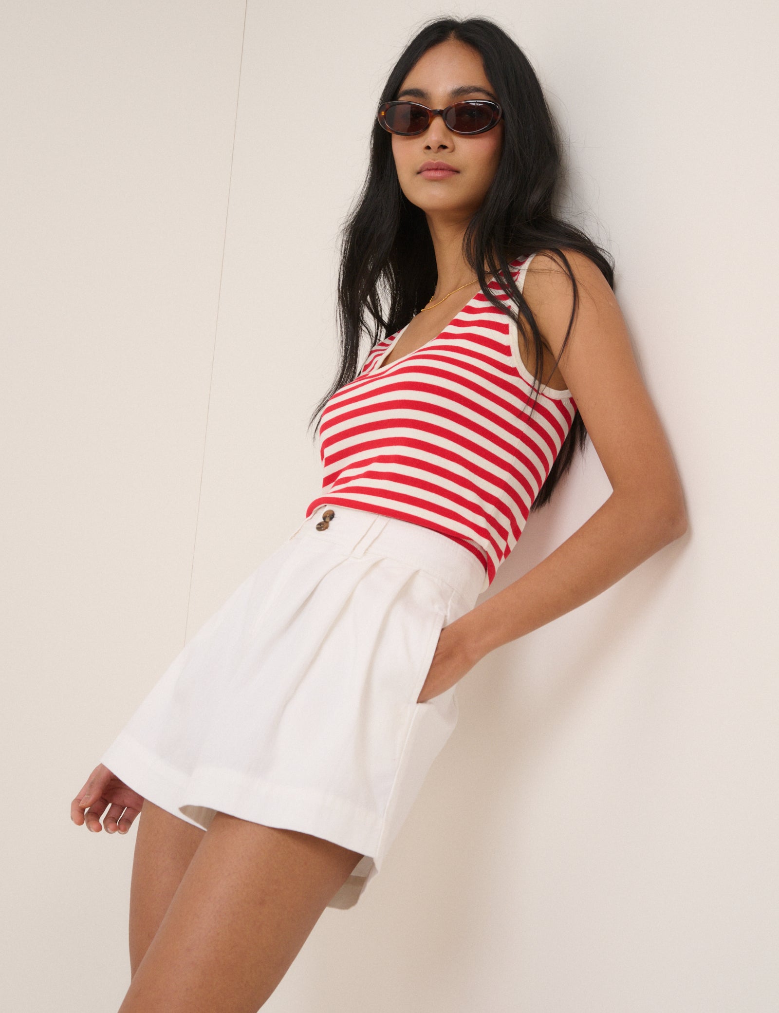 White Pleated High Waisted Shorts