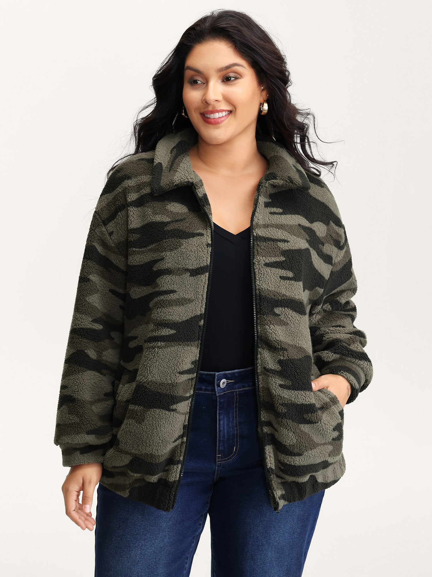 Camouflage Print Zipper-Front Pocket Coat