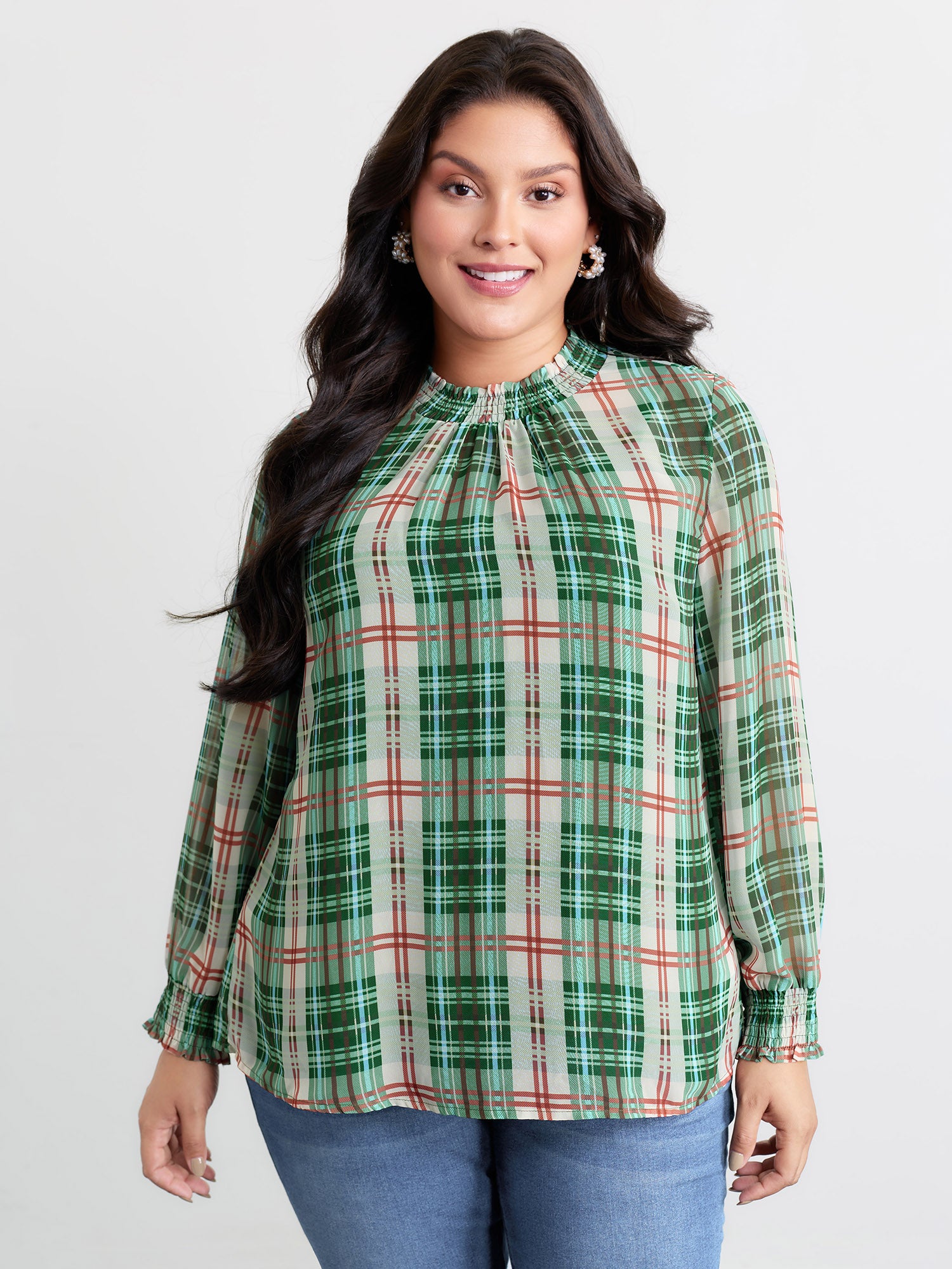 Gingham Chiffon Shirred Blouse