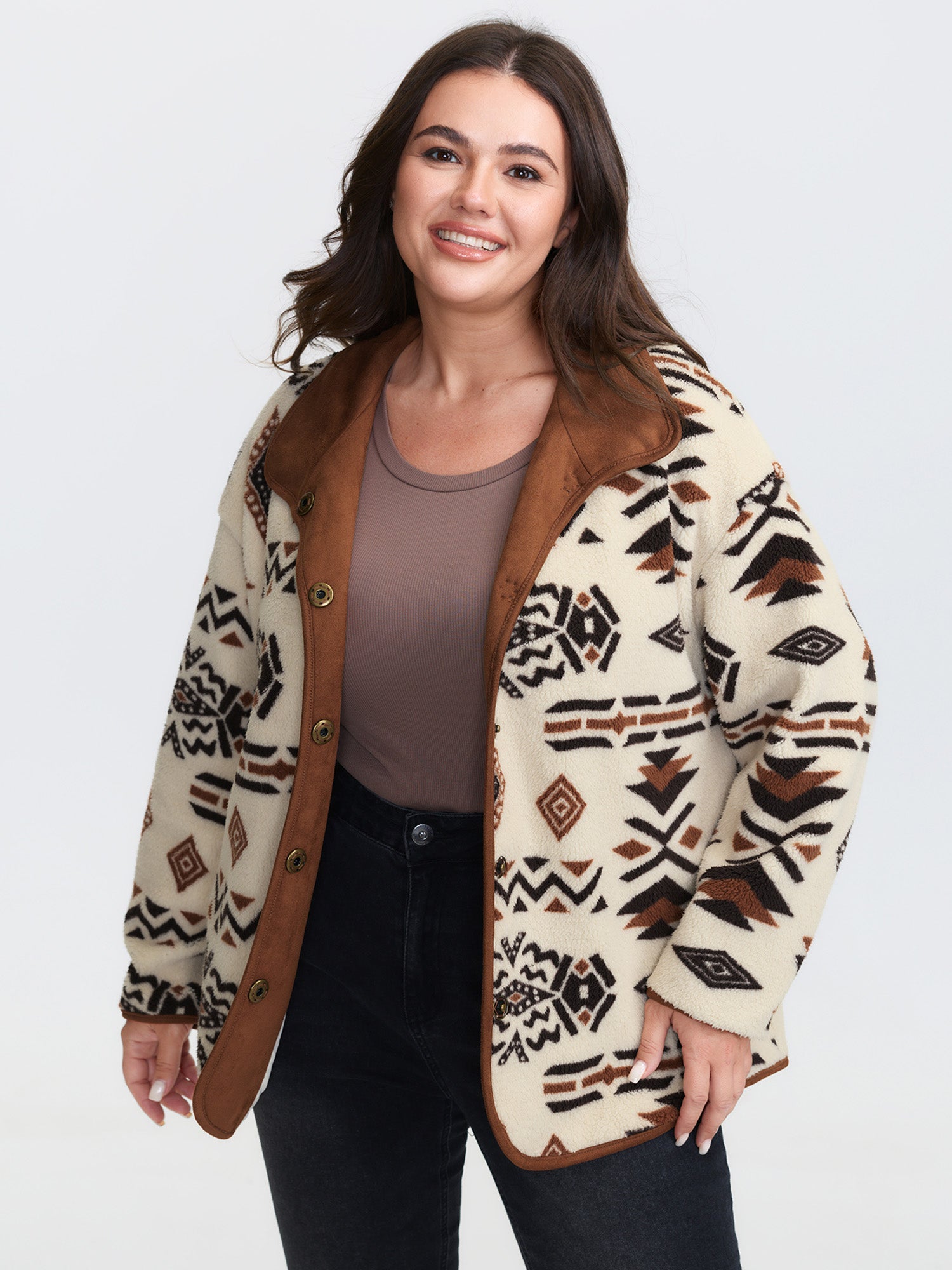 Suede Fleece Mix Geometric Print Coat