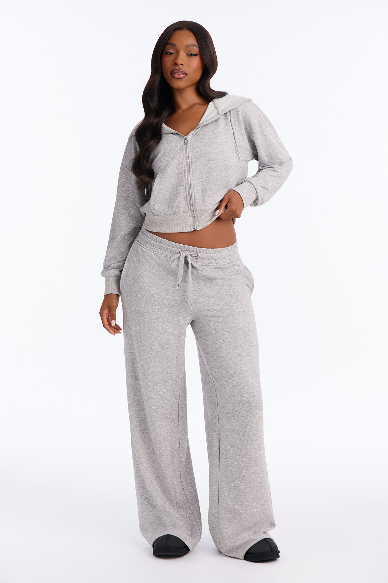 Raeva Fleece Rhinestone Pant Set - Heather Grey