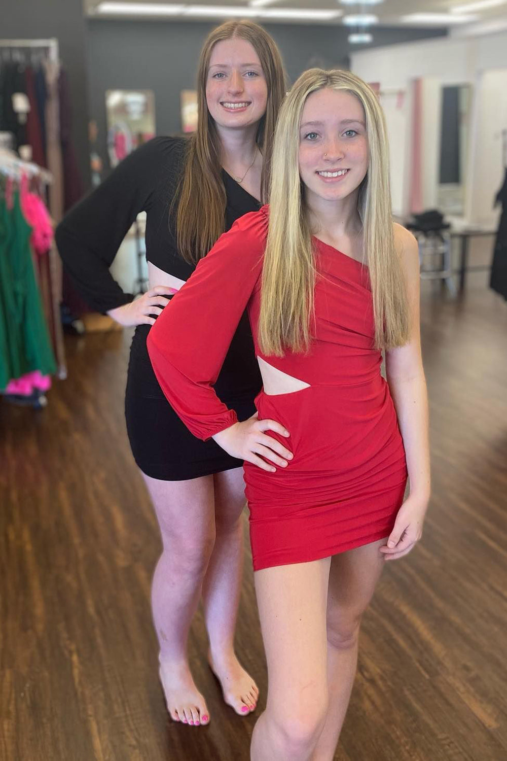 Simple Black One Shoulder One Sleeve Cut Out Tight Short Homecoming Dress/Mini Dress