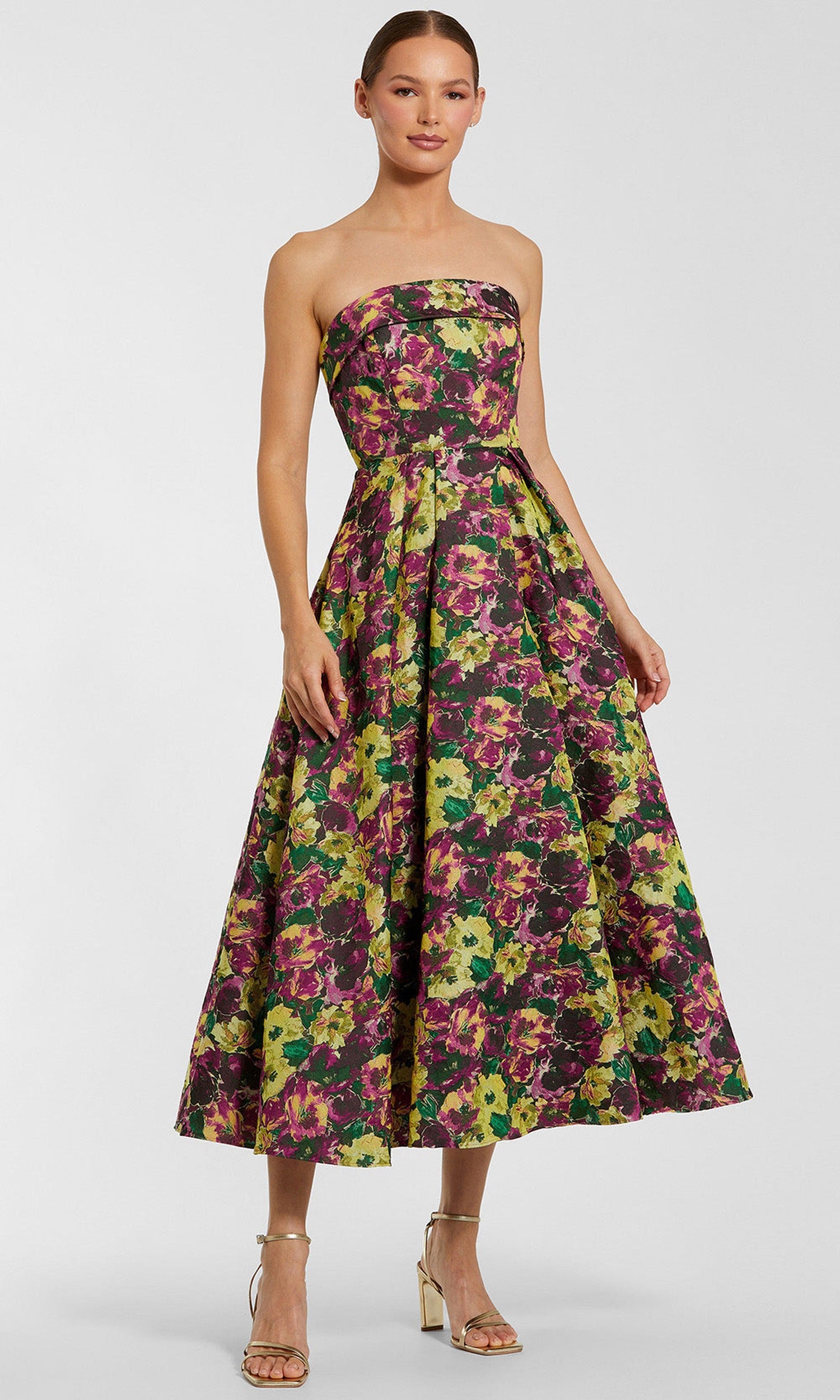 Mac Duggal 56165 - Floral Brocade Pleated Tea-Length Dress