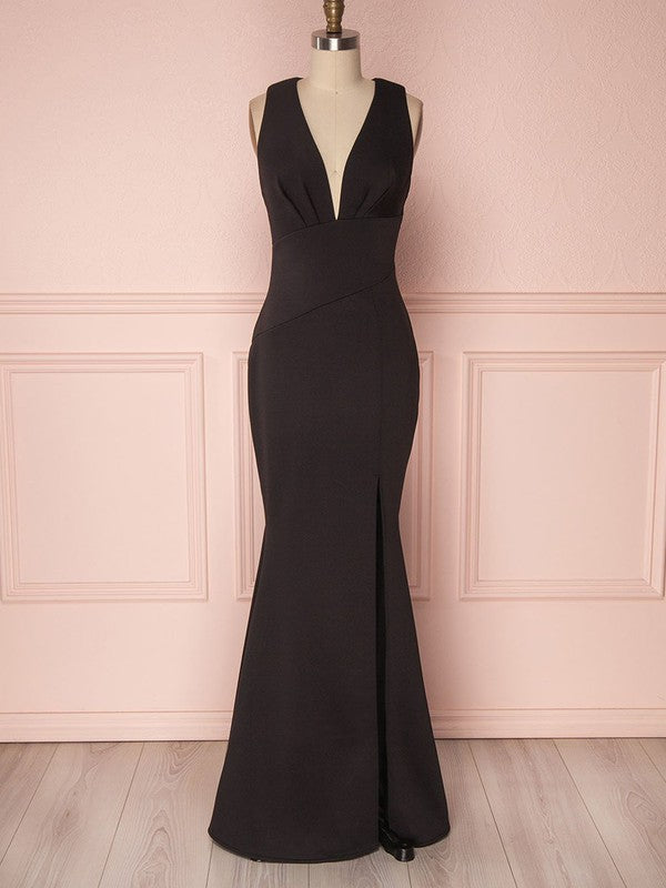 Elegant Sheath V-Neck Stretch Satin Floor-Length Bridesmaid Dresses with Split