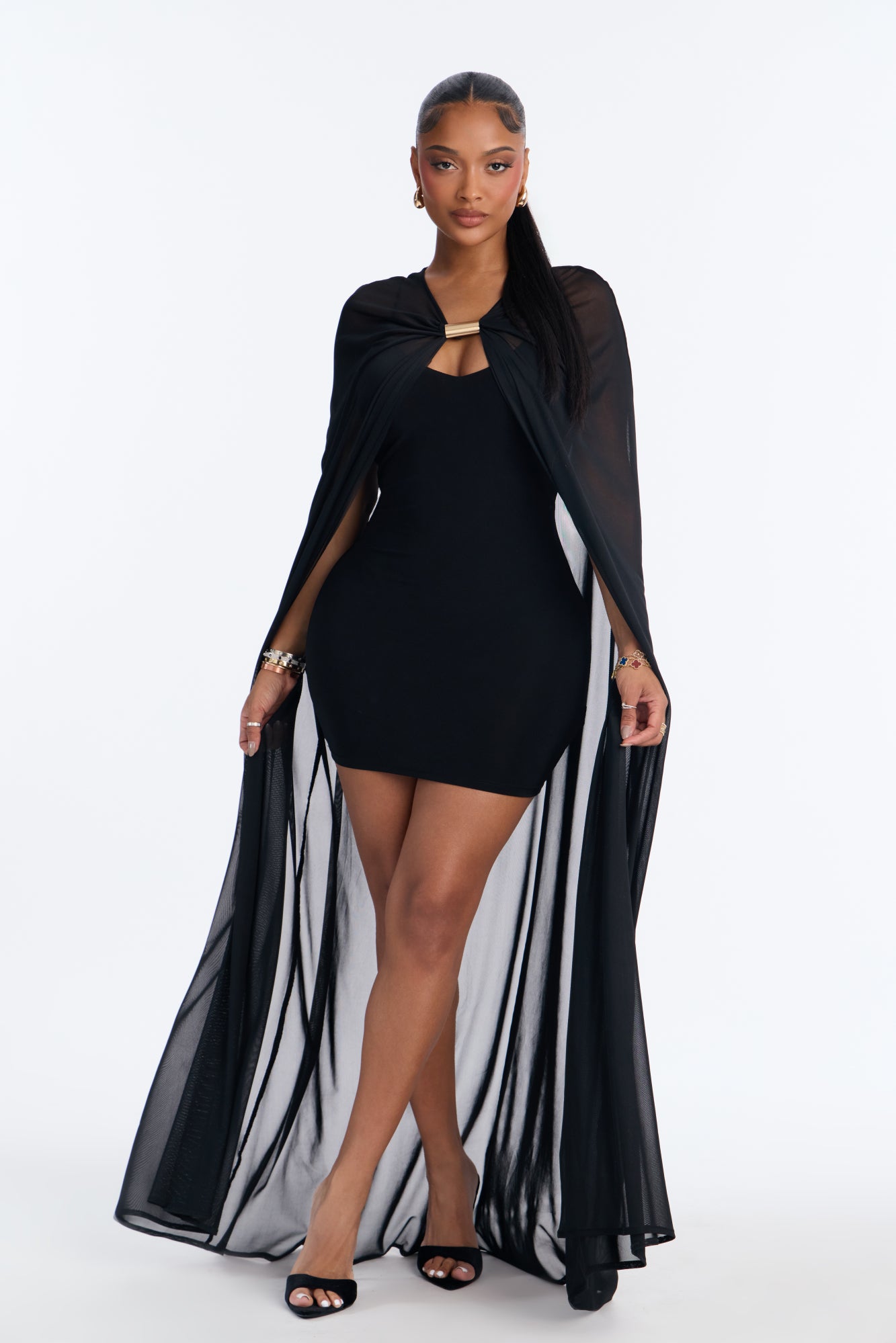 Caelie Cape Mini Dress Set - Black