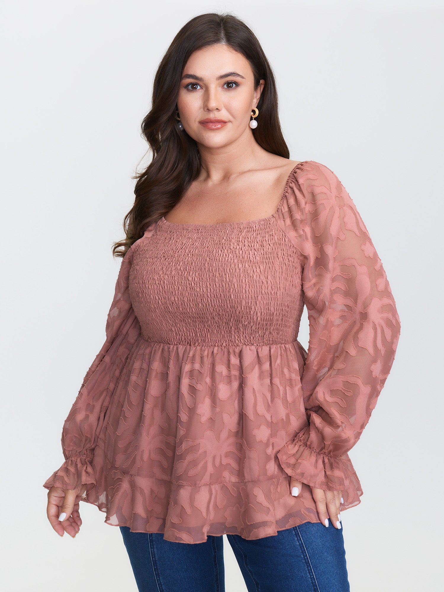 Textured Shirred Bodice Ruffled Cuff Blouse