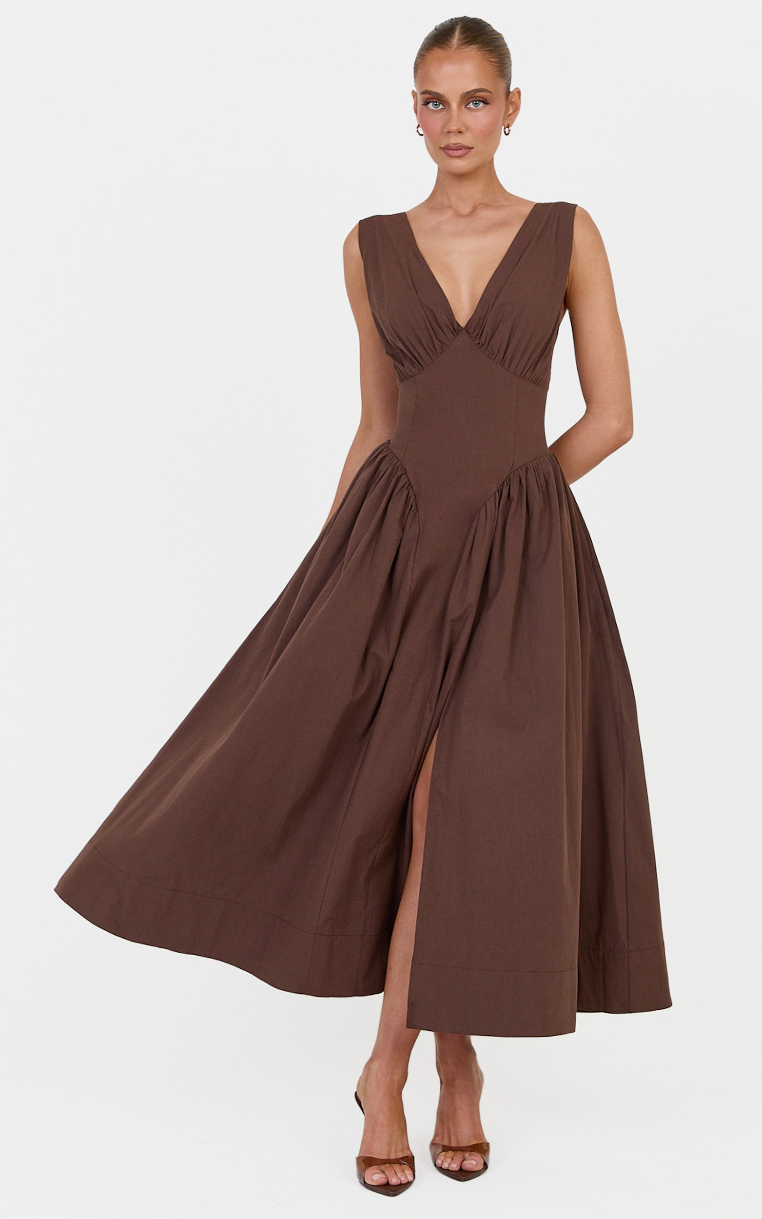 Melody Midi Dress - Cotton V Neck A Line Dress in Chocolate