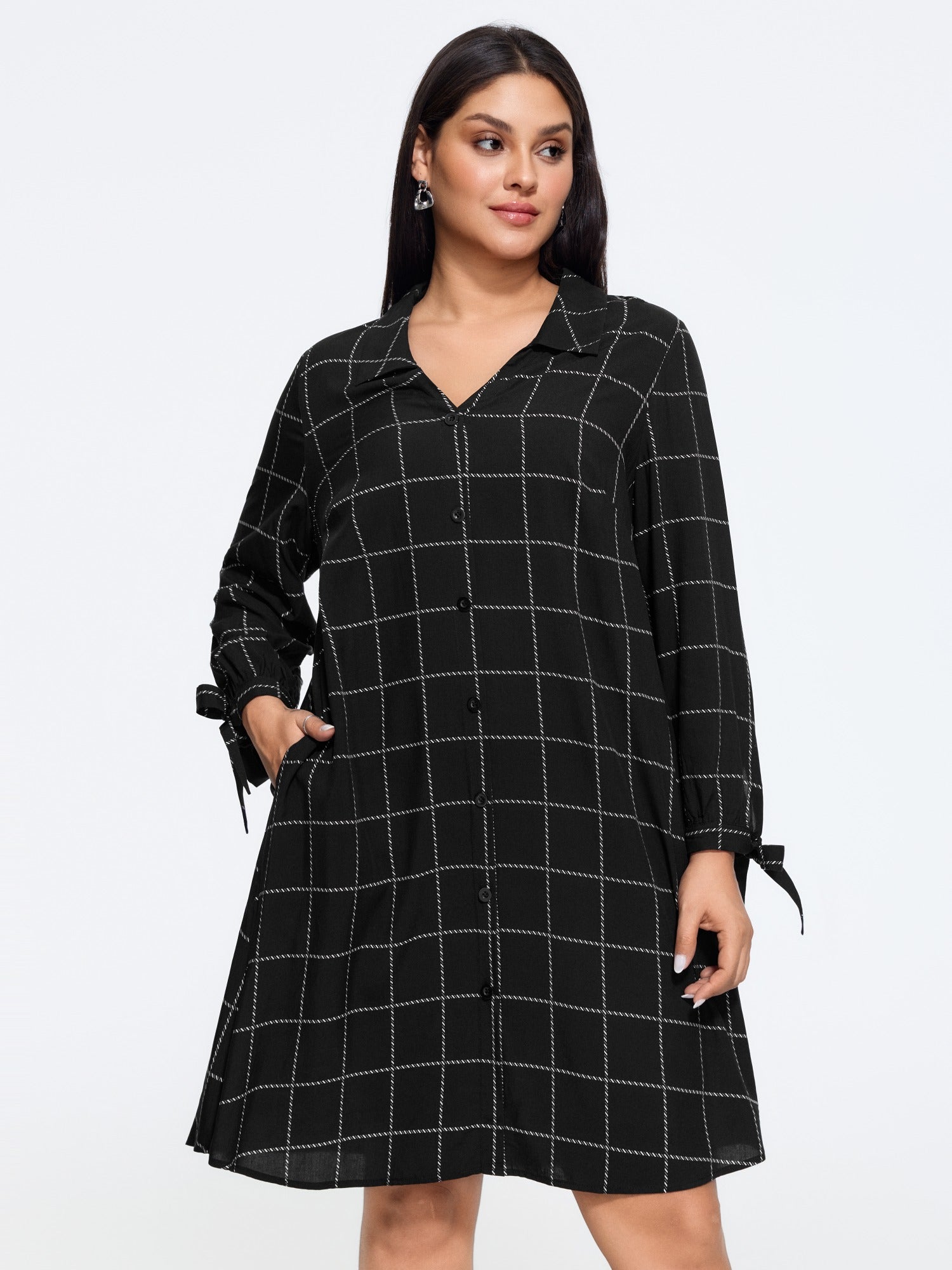 Plaid Tie Cuffs Button Down Mini Dress