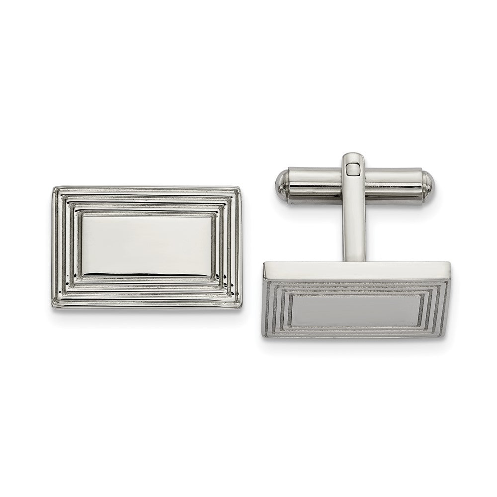 Stainless Steel Grooved Border Rectangle Cuff Links, 19 x 13mm