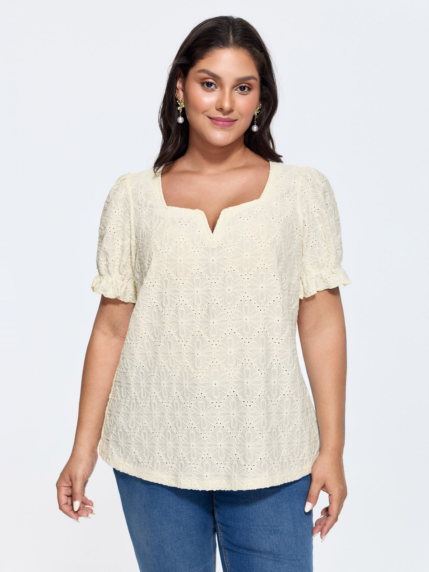Floral Textured Split Neckline Blouse