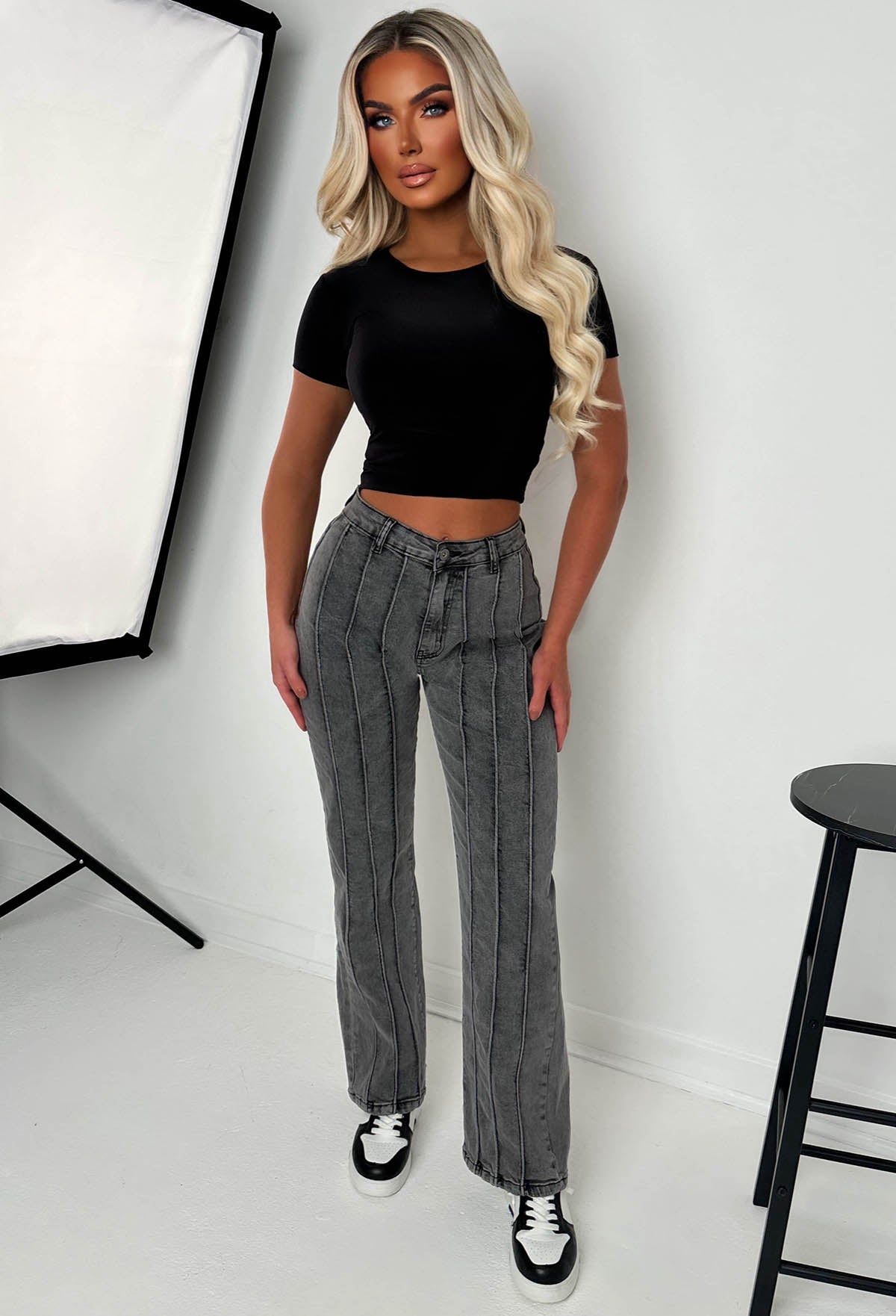 Slim Pickings Black Stitch Seamed Stretch Straight Leg Jeans