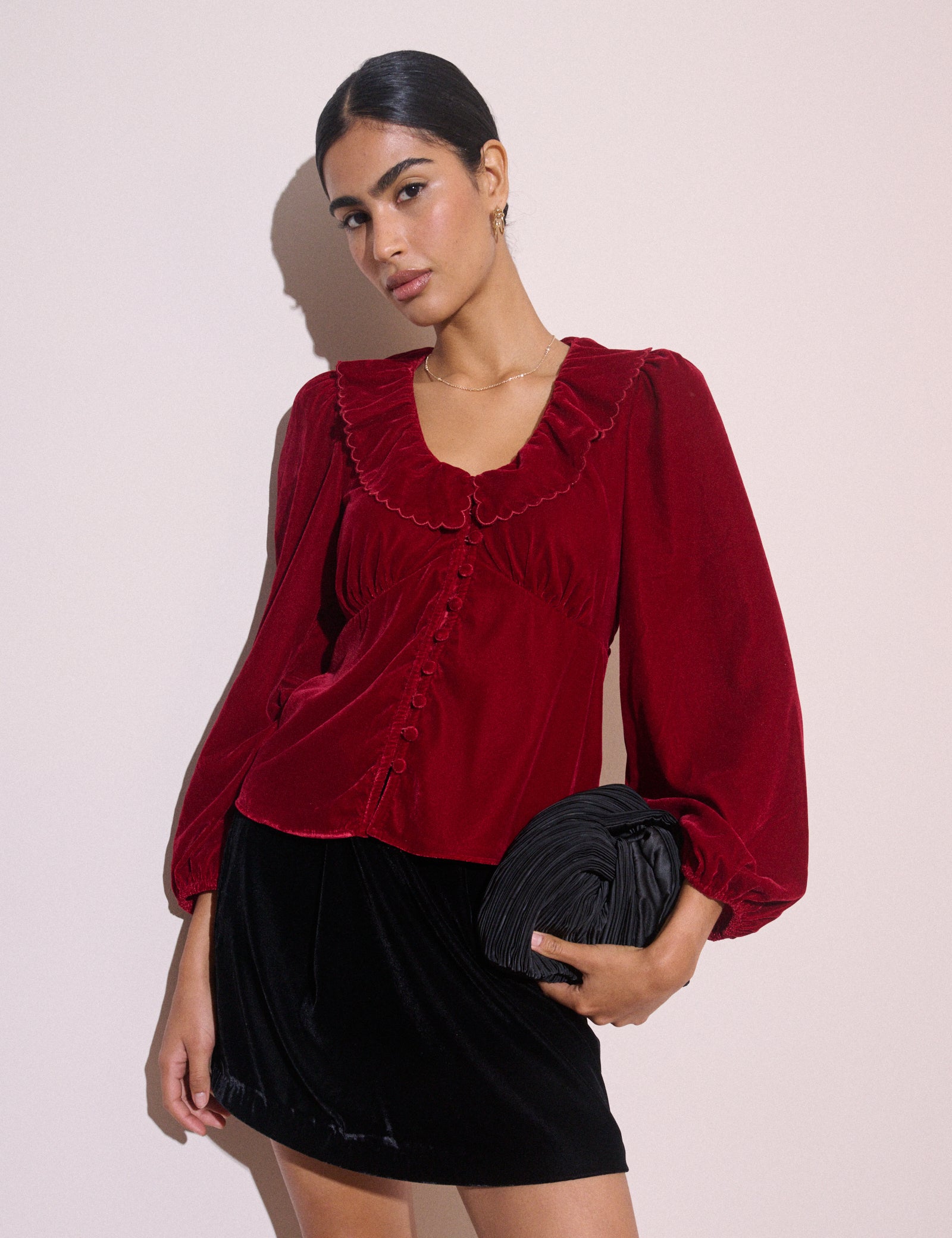 Red Frill Collared Velvet Blouse