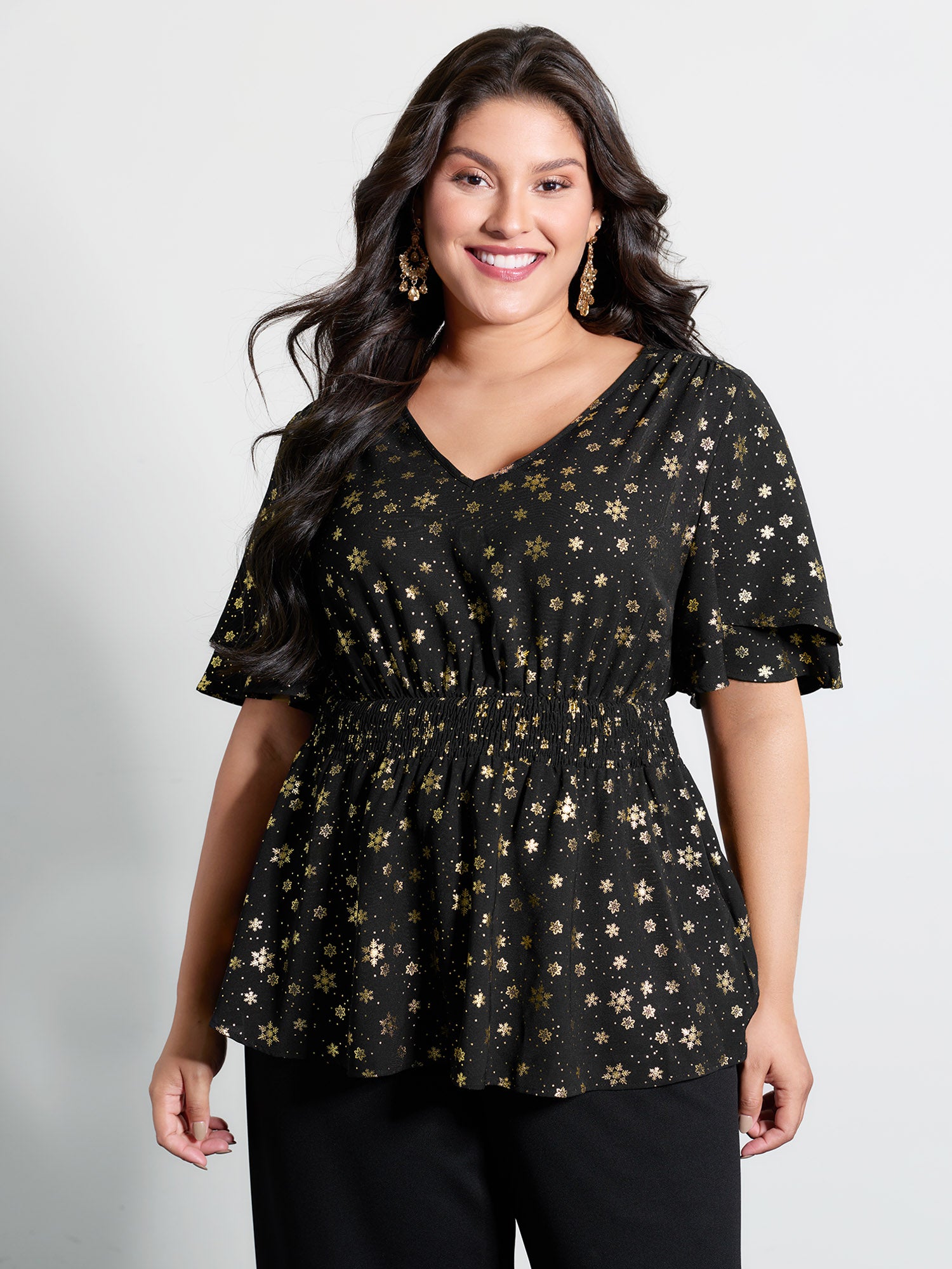 Gold Stamped Layered Ruffled Sleeve Blouse