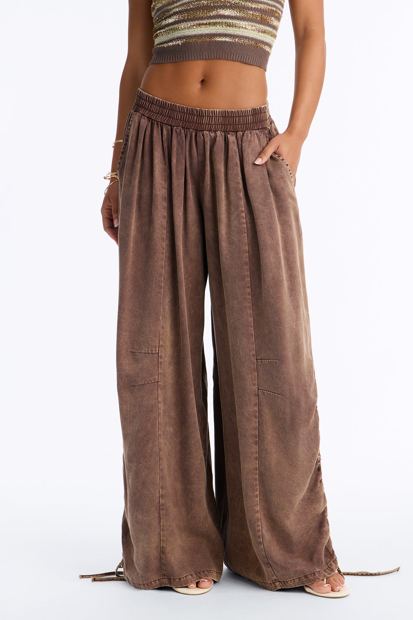 Tara Washed Soft Twill Side Cinched Wide Leg Pant - Brown