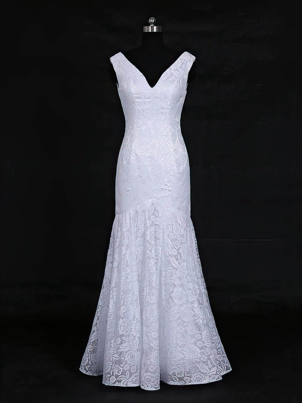 Sexy Sleeveless V-Neck Lace Trumpet Floor-Length Wedding Dresses