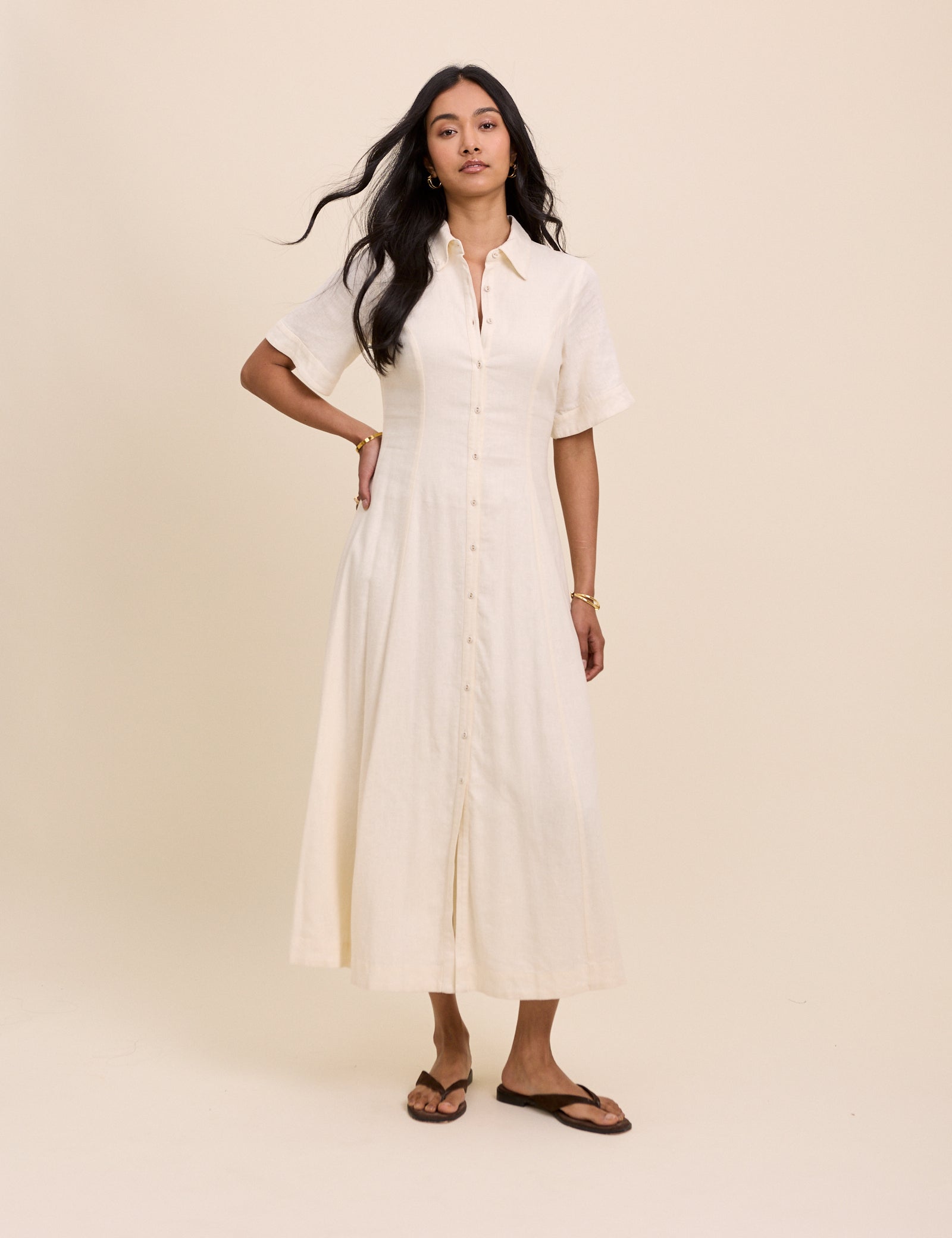 Cream Linen-Rich Dillon Shirt Dress