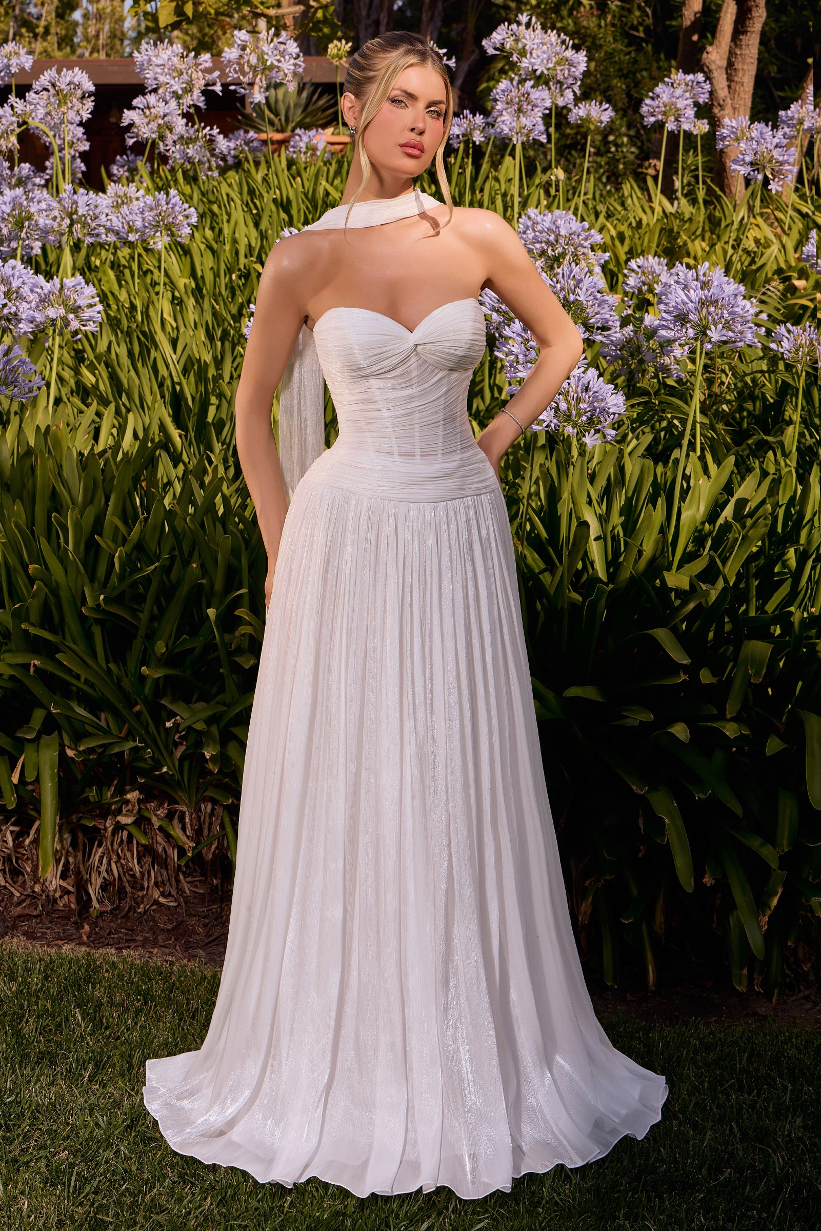Ladivine CD414W Shimmering Pleated A-Line Bridal Dress