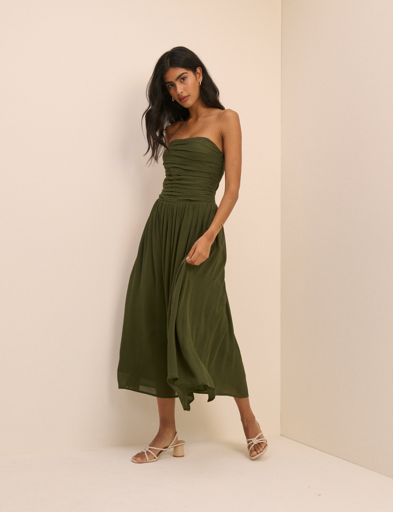 Khaki Green Bandeau Alice Midi Dress