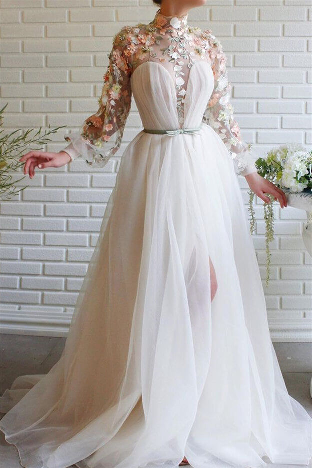 White Mermaid Long Sleeves Evening Dress With Flowers Split High Collar