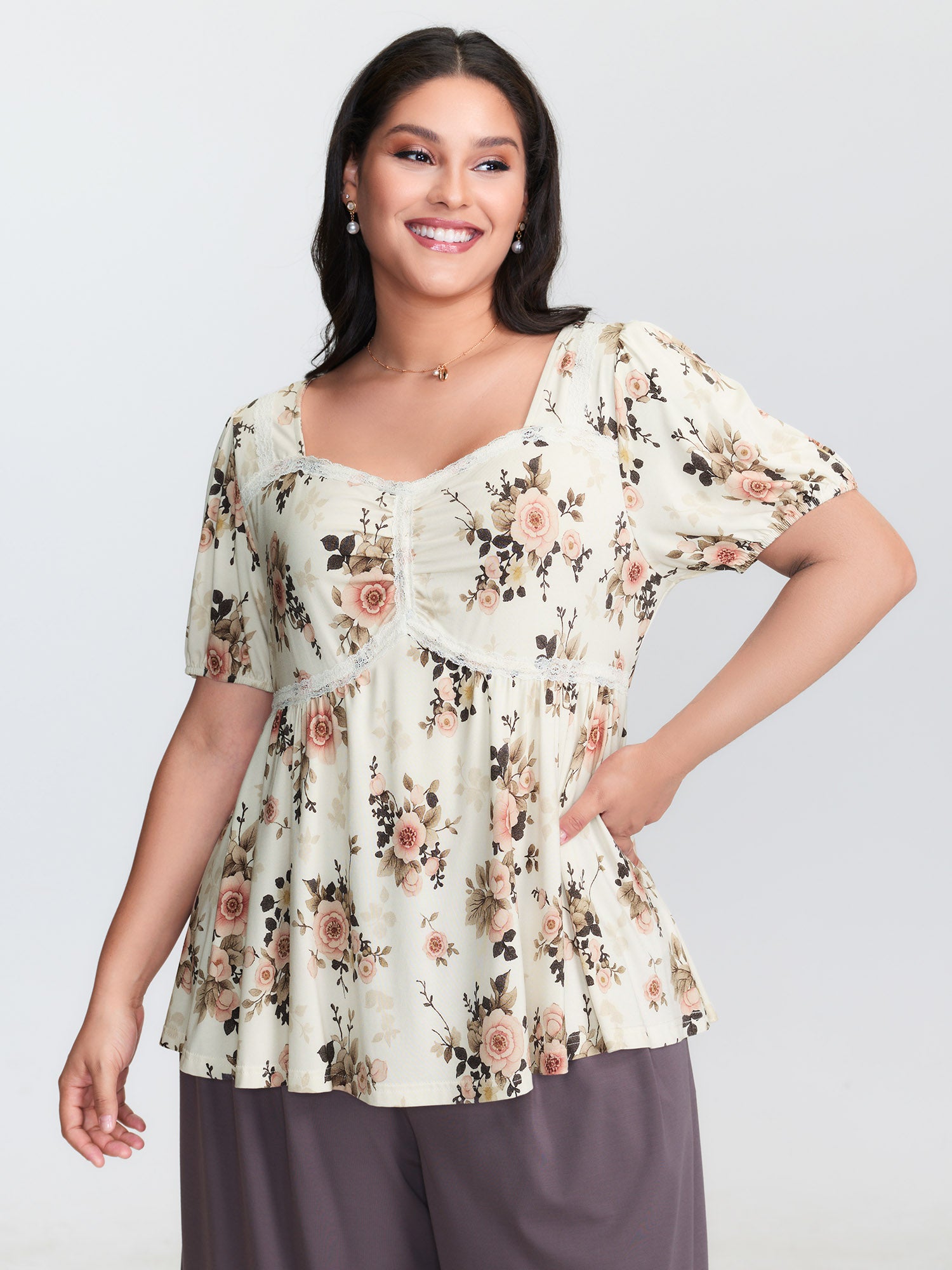 Floral Print Lace Trim Knit Top