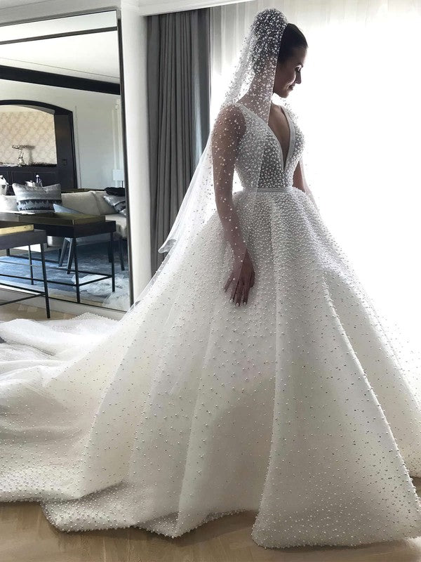 Luxurious Deep V-Neck Sleeveless Chapel Train Wedding Dresses with Beads