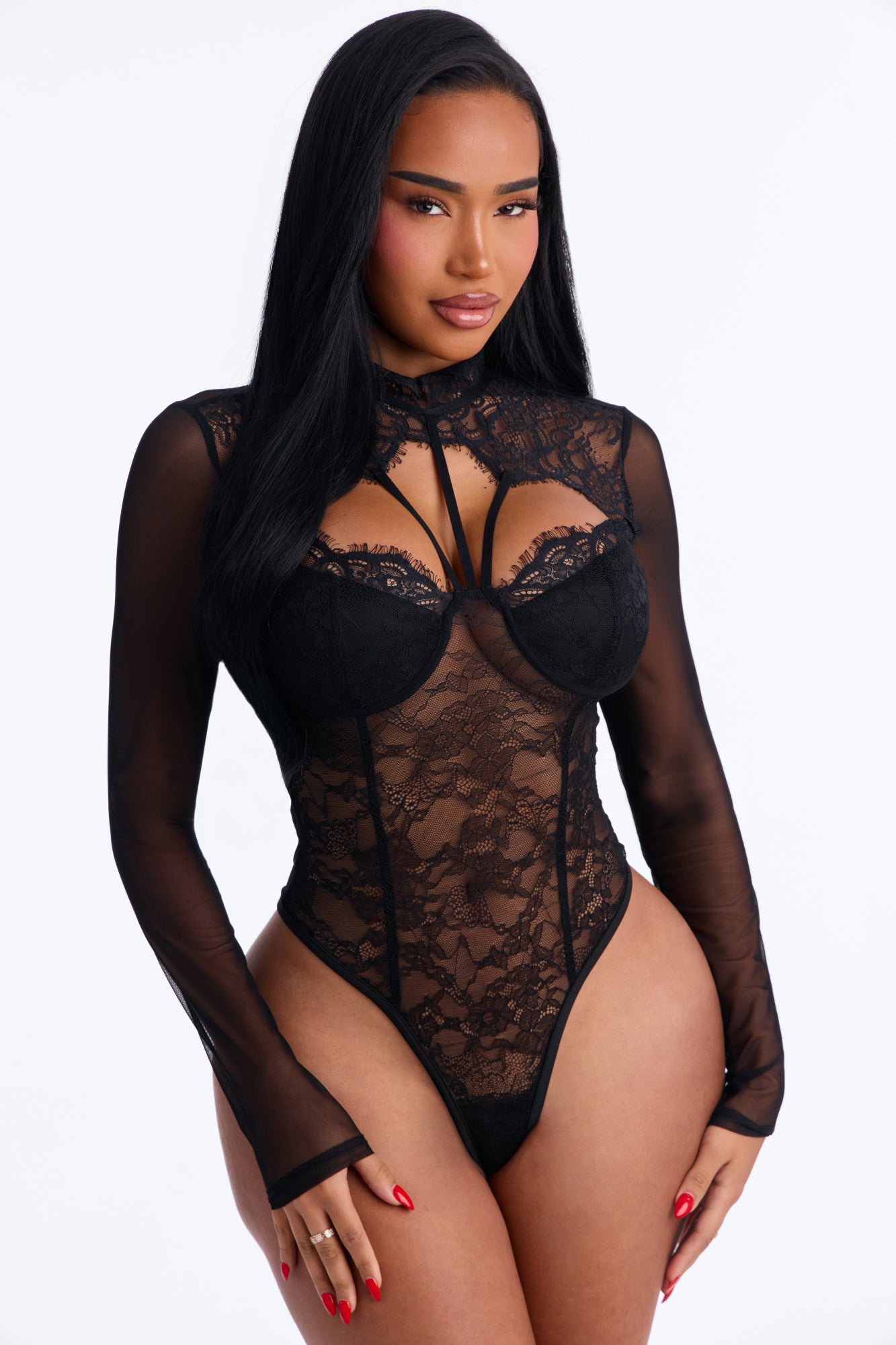 Sincere Lace Long Sleeve Mock Neck Bodysuit - Black