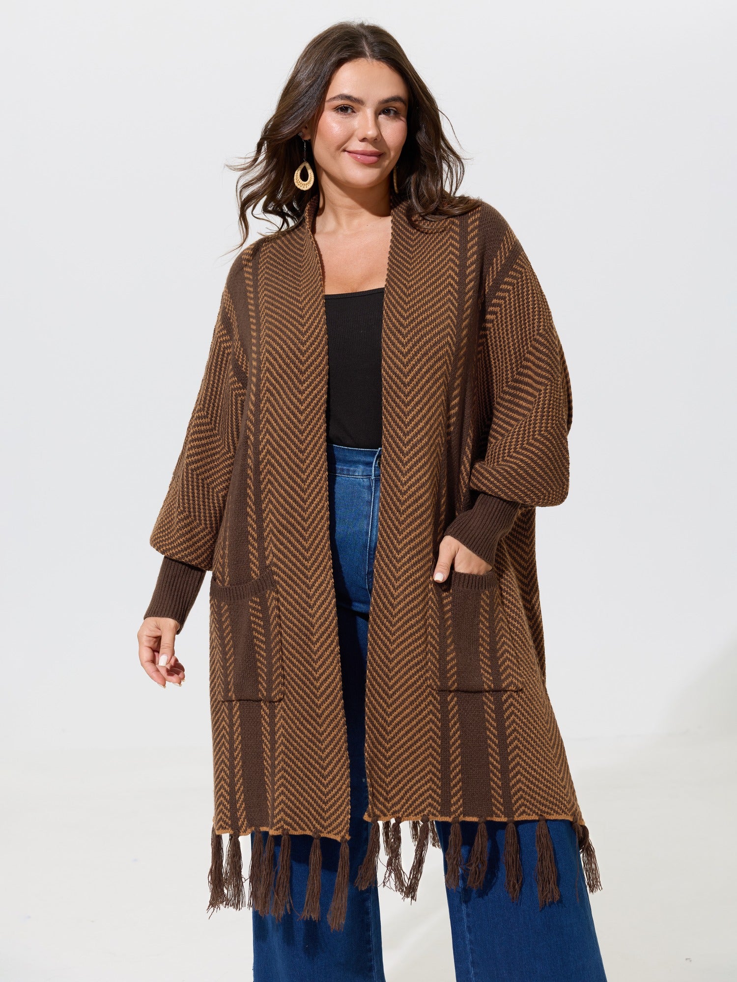 Chevron Striped Open Front Tassel Hem Cardigan