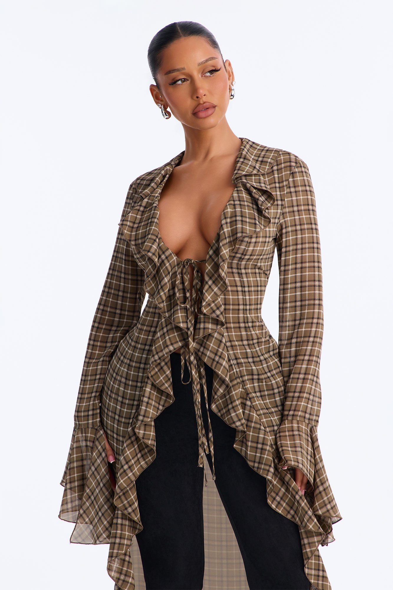 Wild Seduction Plaid Chiffon Maxi Top - Brown/combo