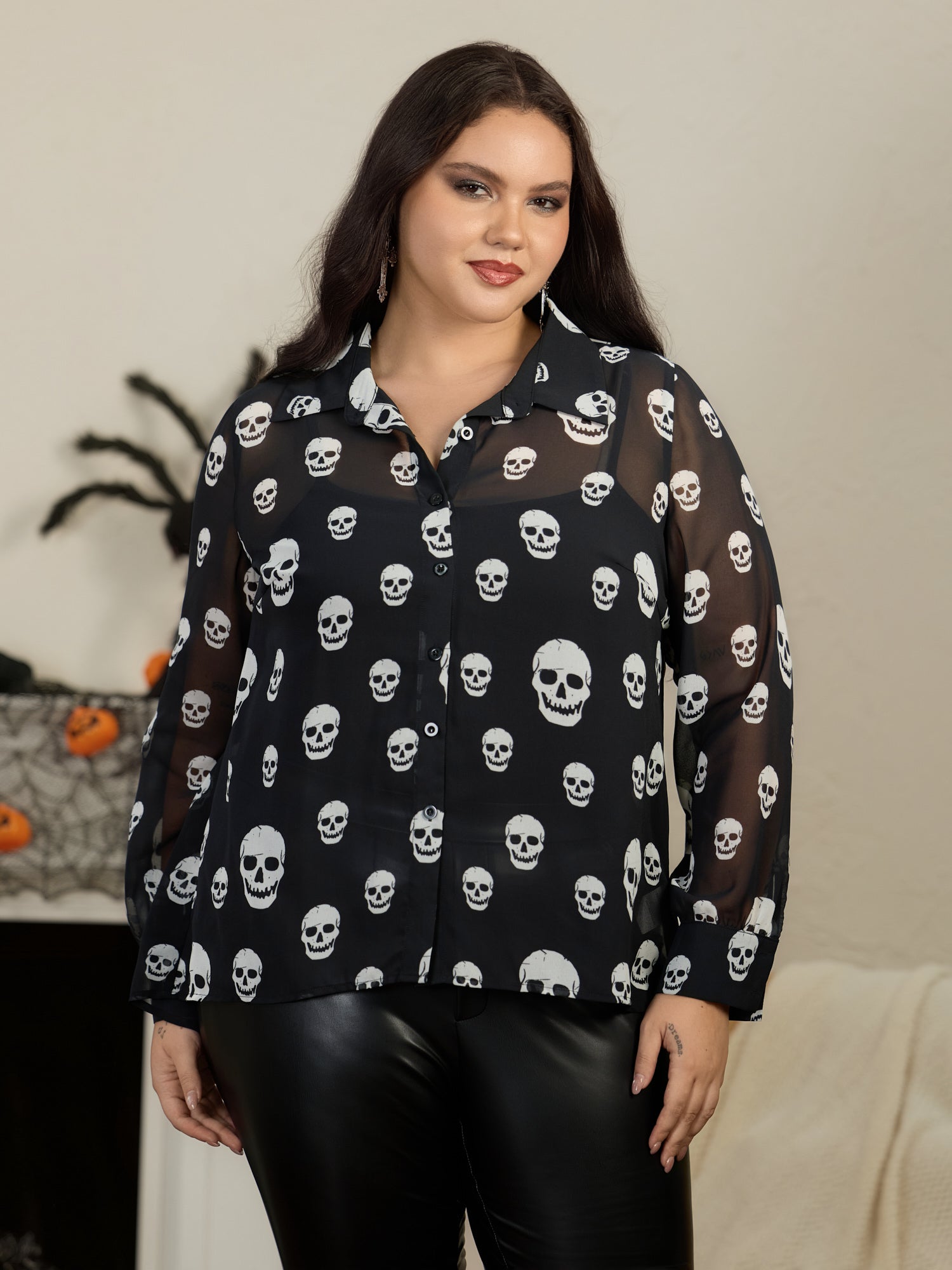 Skull Print Sheer Chiffon Button‑Down Blouse