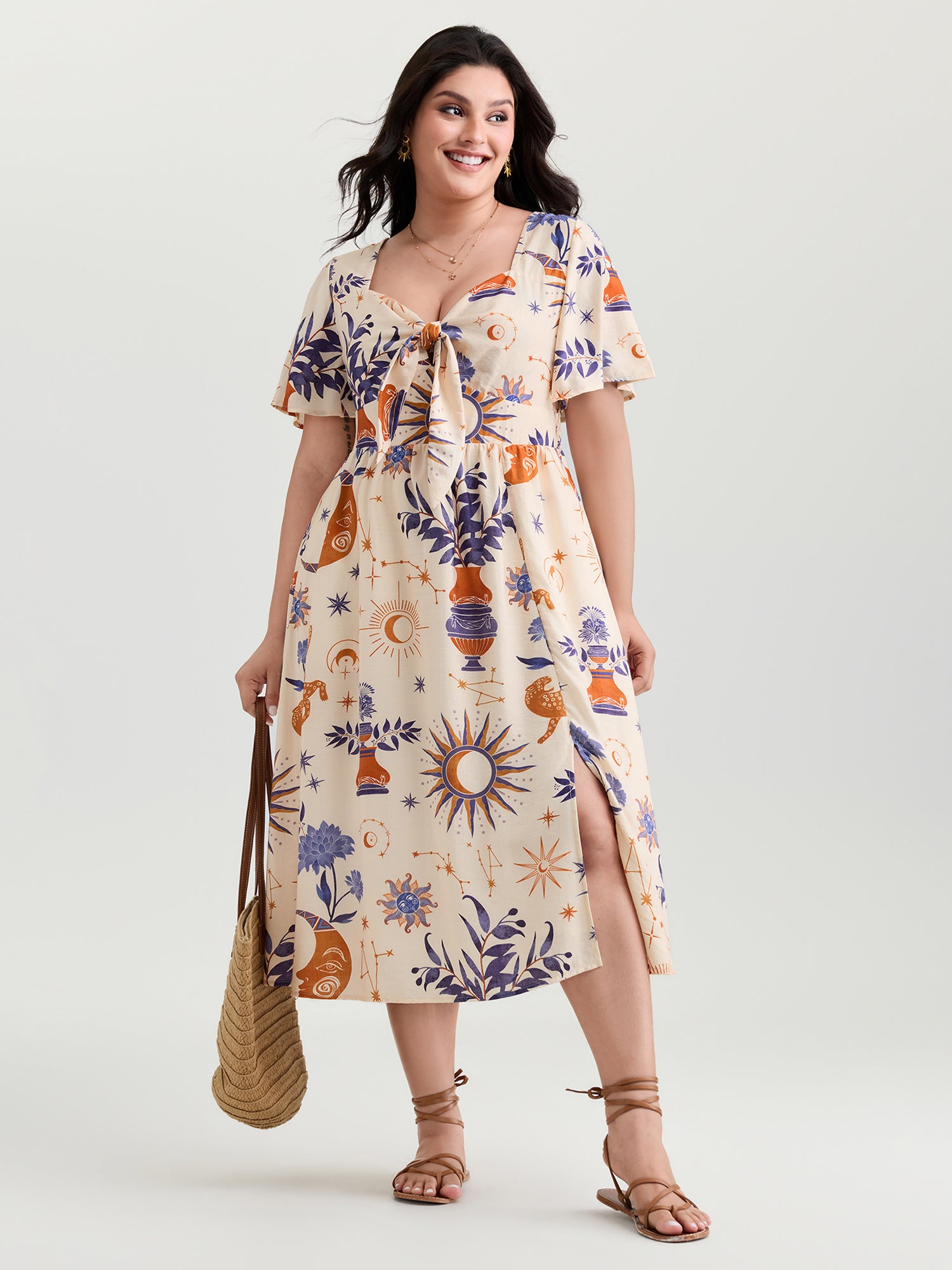 Star Moon Shirred Front-Knot Midi Dress
