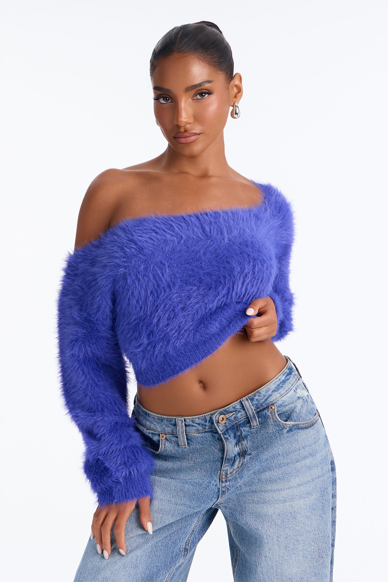 Midnight Desire Fuzzy Cropped Pullover Sweater - Royal