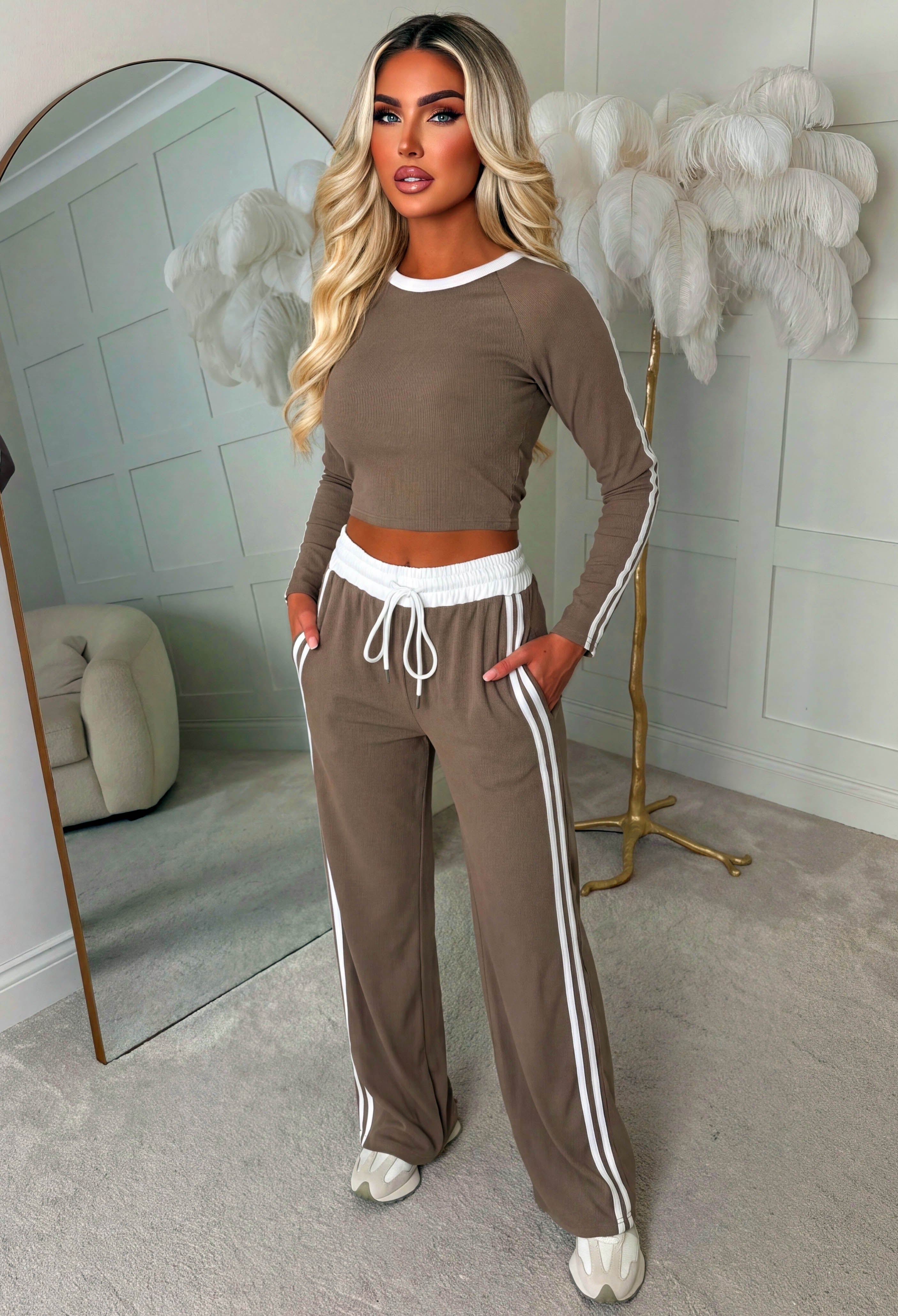 Chic And Cosy Mocha Side Stripe Loungewear Set